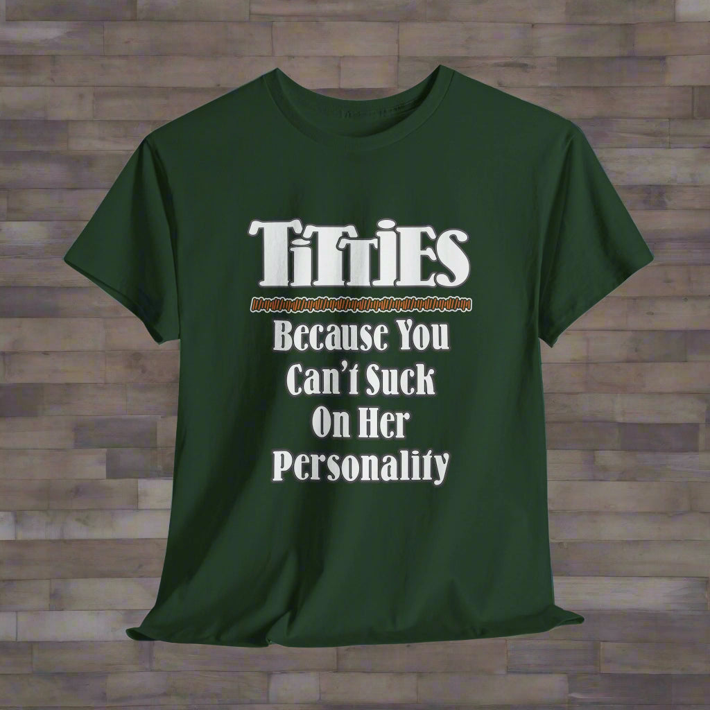 Green t-shirt with white text on a light gray background