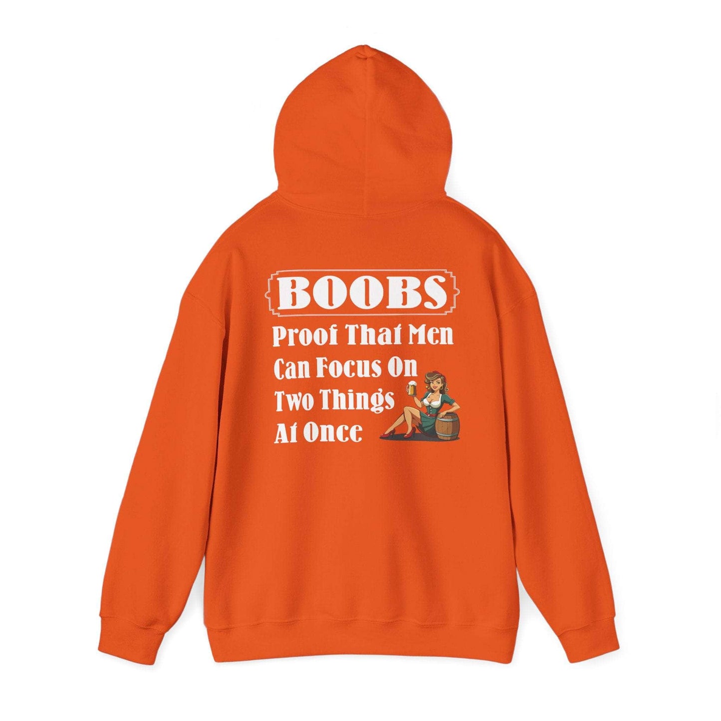Hoodie S / Orange Funny Hooded Sweatshirt - 'BOOBS, Proof That Men Can Focus On Two Things At Once' Funny Hooded Sweatshirt - 'BOOBS, Proof That Men Can Focus On Two Things At Once' GiftsByJeff Gifts By Jeff Pittsburgh PA
