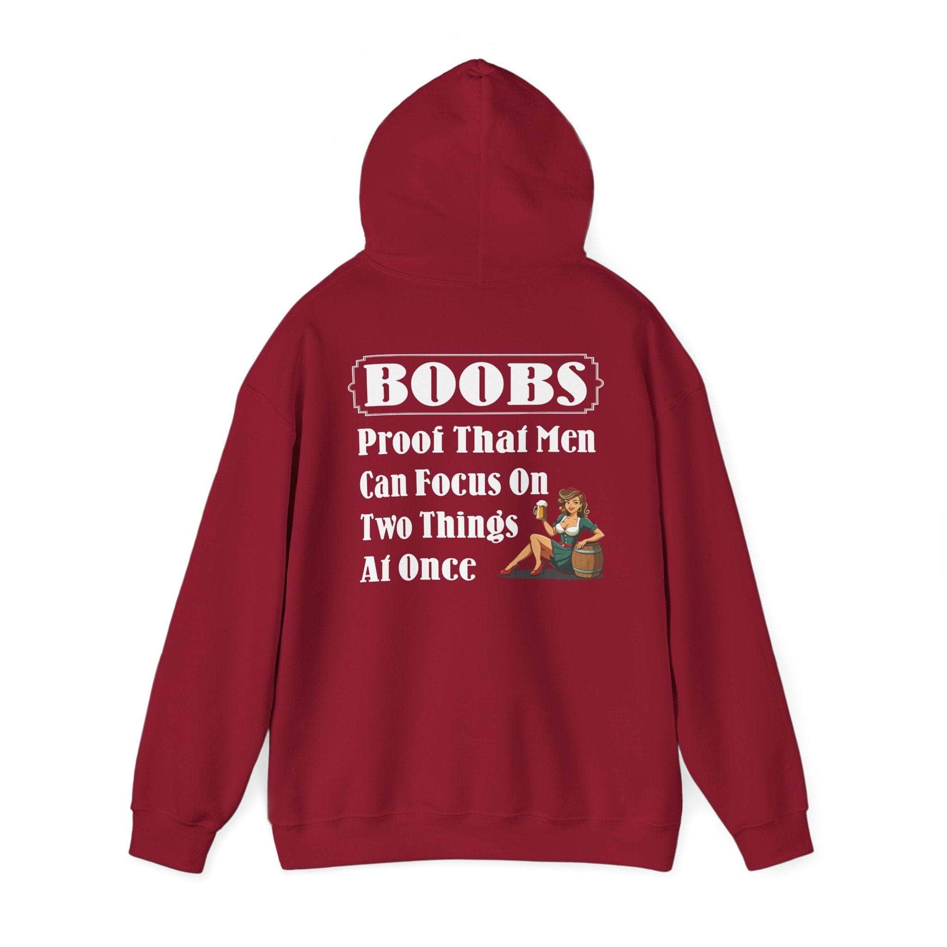 Hoodie S / Cardinal Red Funny Hooded Sweatshirt - 'BOOBS, Proof That Men Can Focus On Two Things At Once' Funny Hooded Sweatshirt - 'BOOBS, Proof That Men Can Focus On Two Things At Once' GiftsByJeff Gifts By Jeff Pittsburgh PA