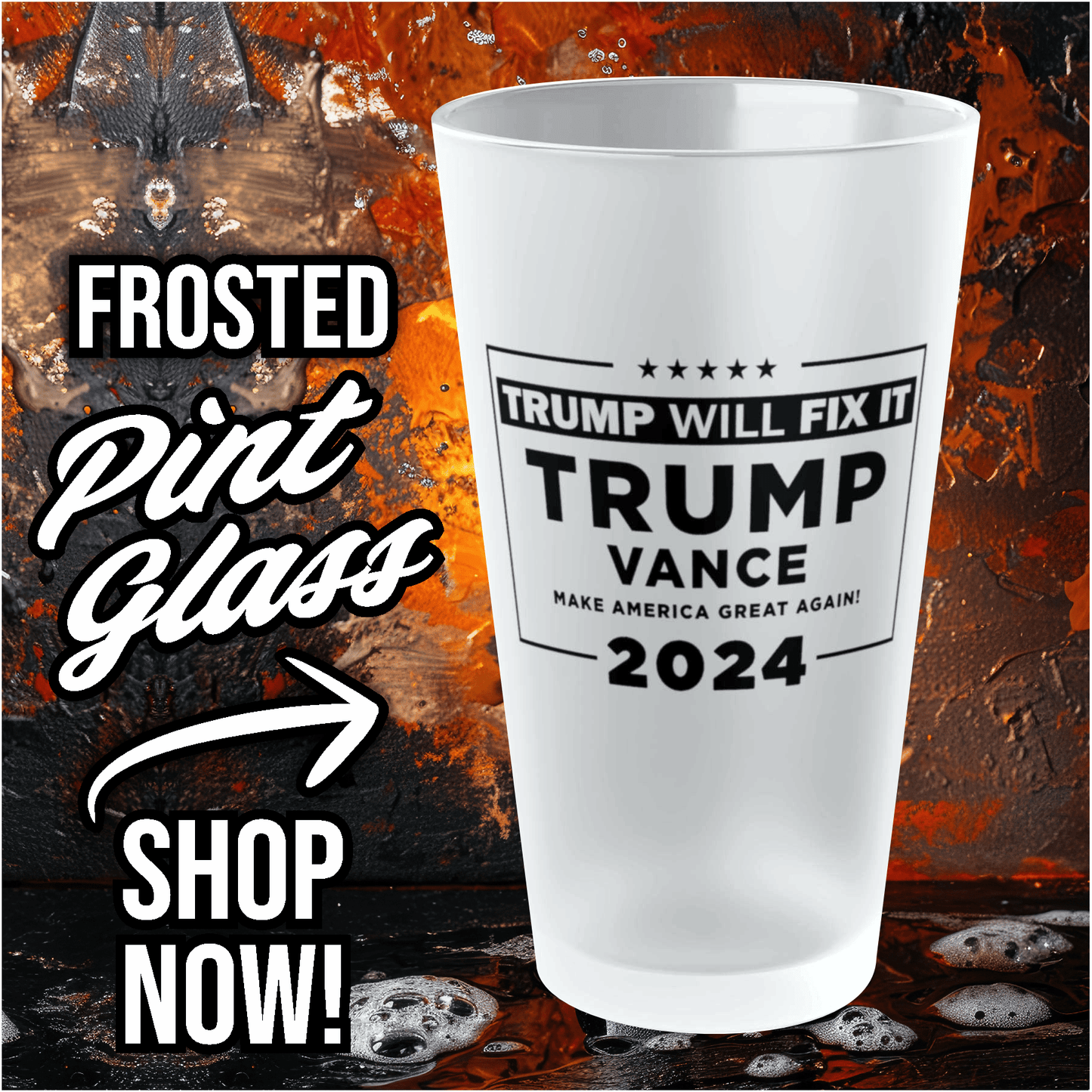 Mug 16oz / Frosted Political Frosted Pint Glass 16oz - TRUMP WILL FIX IT - 2024 TRUMP - VANCE Political Frosted Pint Glass 16oz - TRUMP WILL FIX IT - 2024 TRUMP - VANCE GiftsByJeff Gifts By Jeff Pittsburgh PA