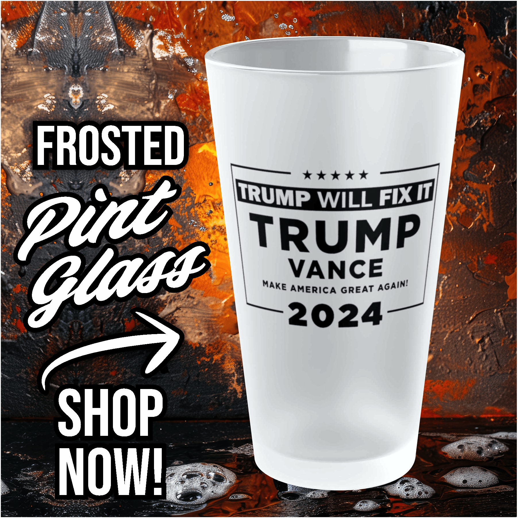 Mug 16oz / Frosted Political Frosted Pint Glass 16oz - TRUMP WILL FIX IT - 2024 TRUMP - VANCE Political Frosted Pint Glass 16oz - TRUMP WILL FIX IT - 2024 TRUMP - VANCE GiftsByJeff Gifts By Jeff Pittsburgh PA