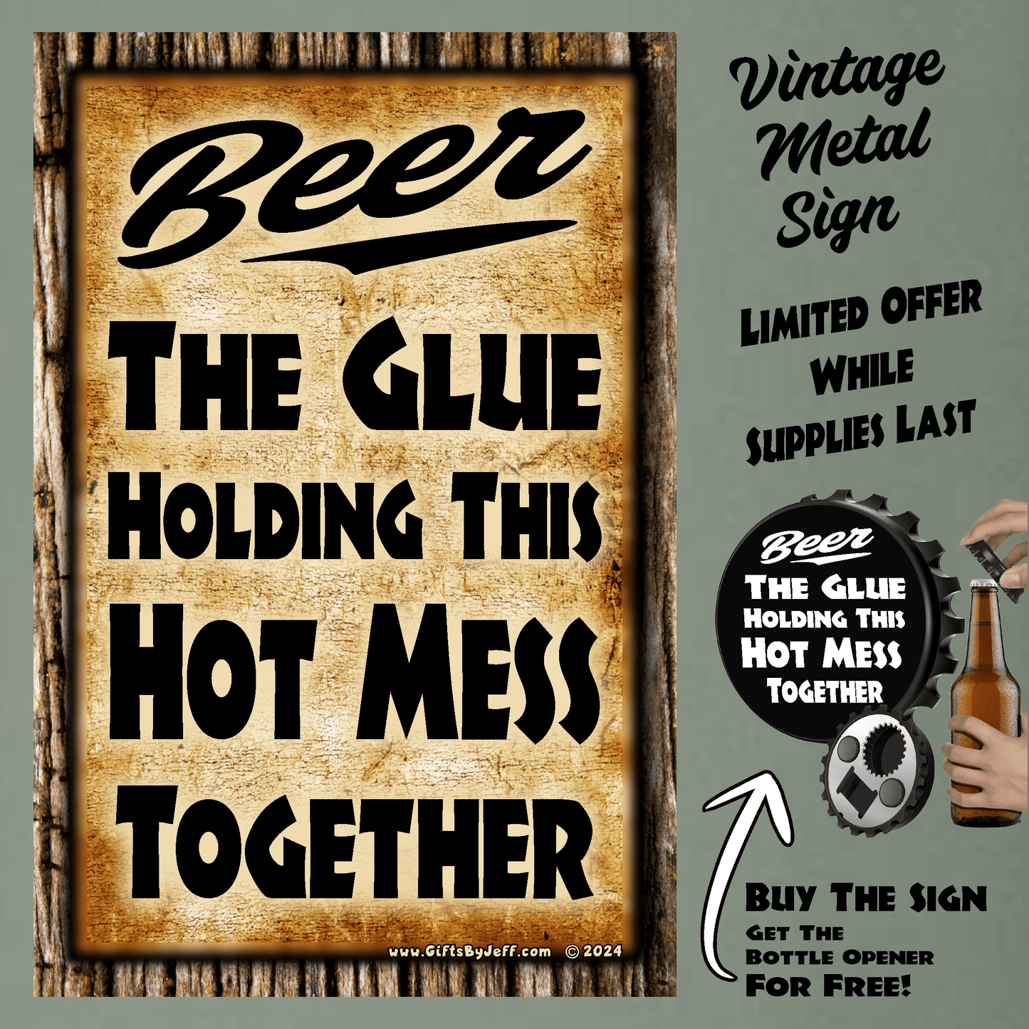 accessories BEER, the Glue Holding This Hot Mess Together - 12" x 18" Vintage Metal Sign (Free Bottle Opener) GiftsByJeff Gifts By Jeff Pittsburgh PA