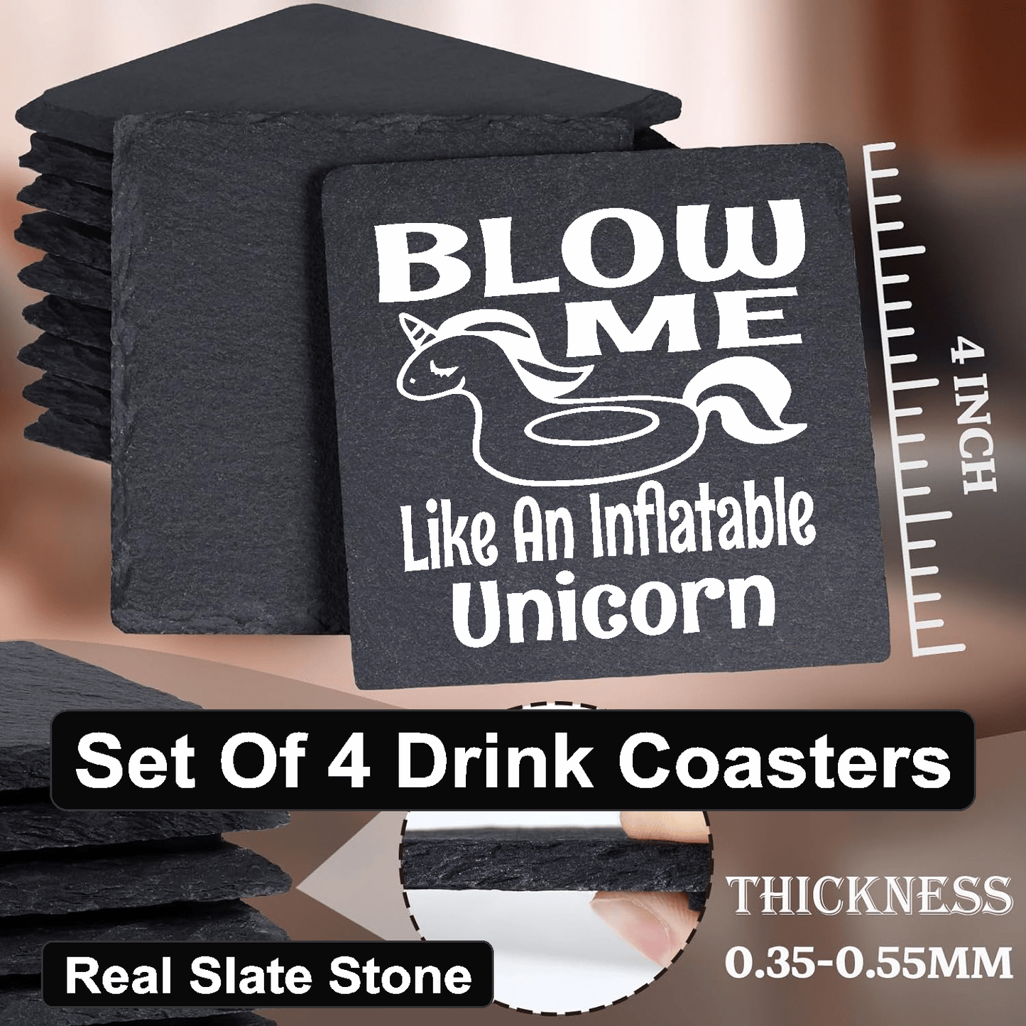 accessories Blow Me Like An Inflatable Unicorn - Set of 4 Black Slate Stone Coasters GiftsByJeff Gifts By Jeff Pittsburgh PA