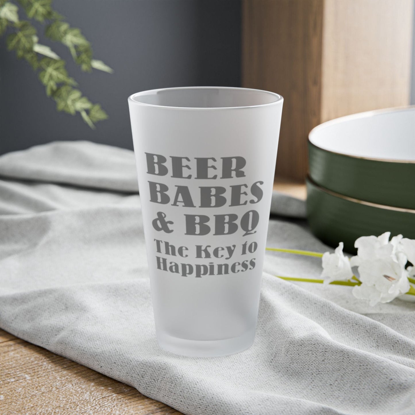 Mug 16oz / Frosted BEER, BABES & BBQ. The Key To Happiness - Frosted Pint Glass, 16oz GiftsByJeff Gifts By Jeff Pittsburgh PA