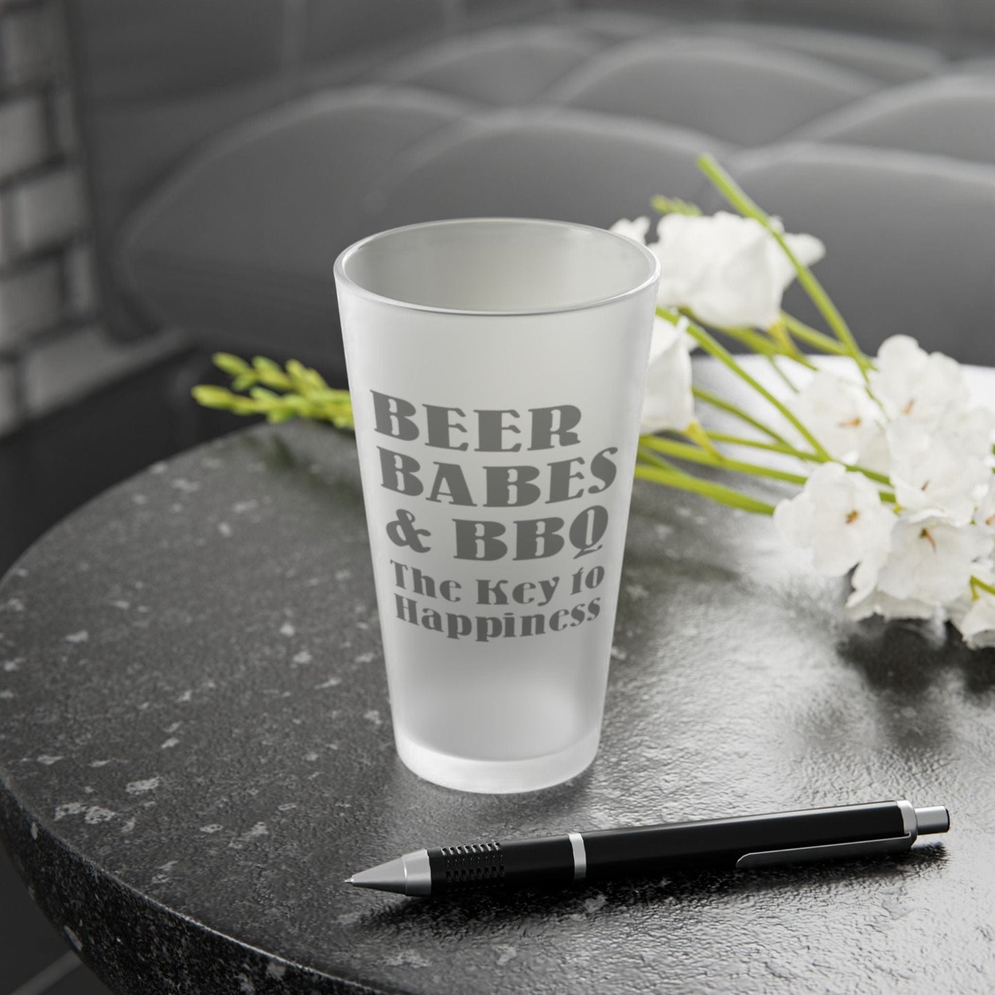 Mug 16oz / Frosted BEER, BABES & BBQ. The Key To Happiness - Frosted Pint Glass, 16oz GiftsByJeff Gifts By Jeff Pittsburgh PA