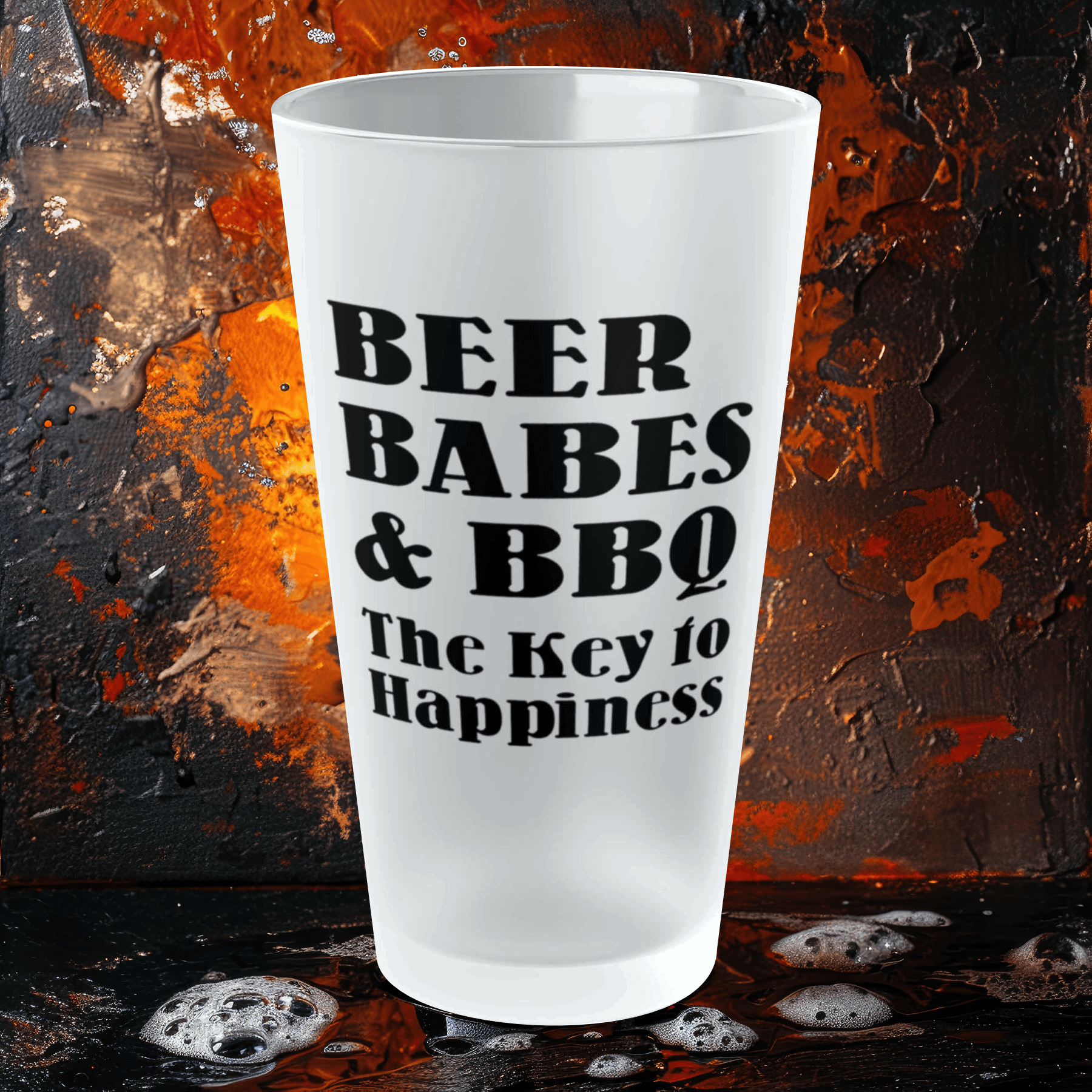 Mug 16oz / Frosted BEER, BABES & BBQ. The Key To Happiness - Frosted Pint Glass, 16oz GiftsByJeff Gifts By Jeff Pittsburgh PA