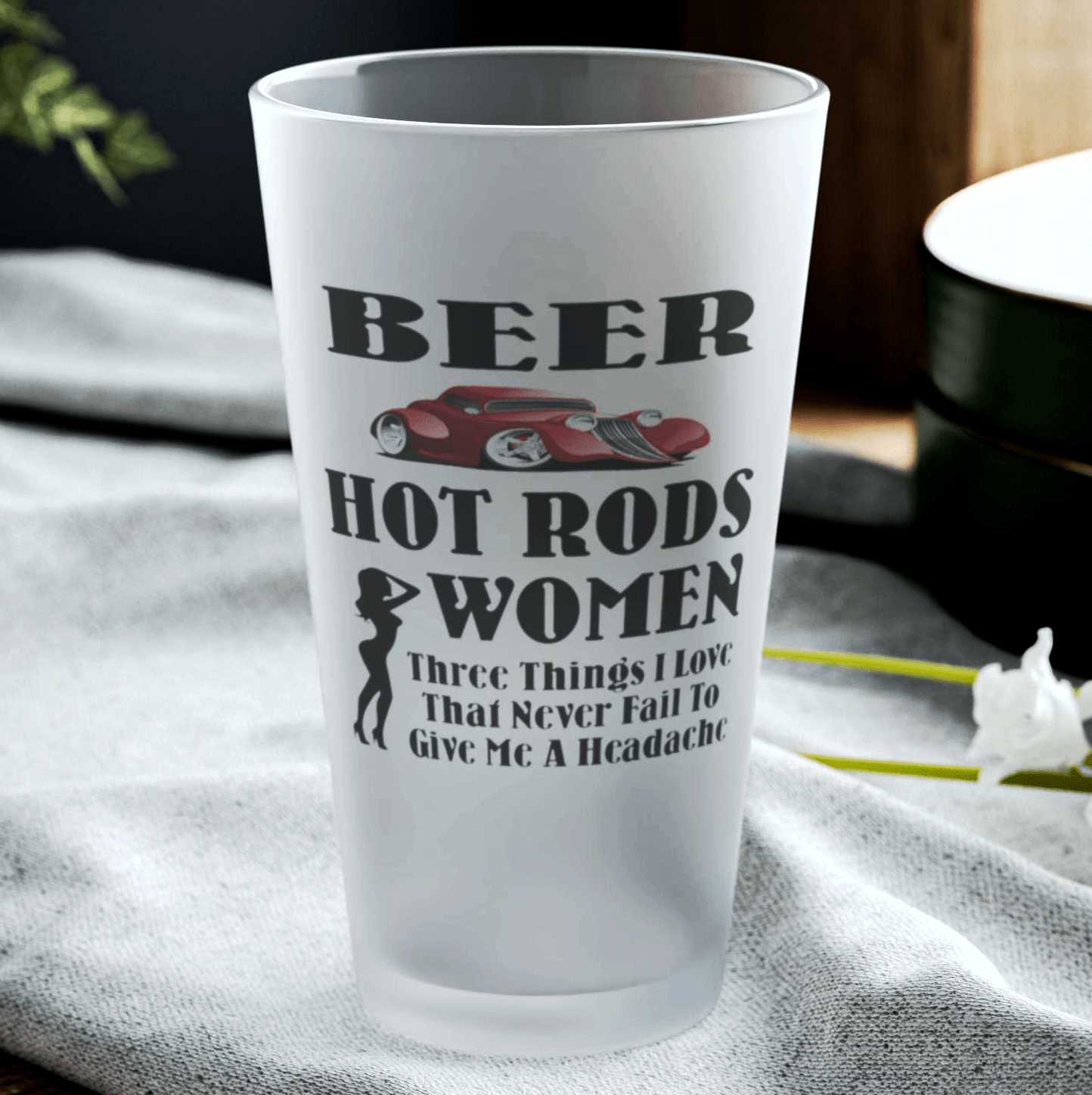 Mug 16oz / Frosted Beer, Hot Rods, Women - Three Things I Love - Frosted Pint Glass, 16oz GiftsByJeff Gifts By Jeff Pittsburgh PA