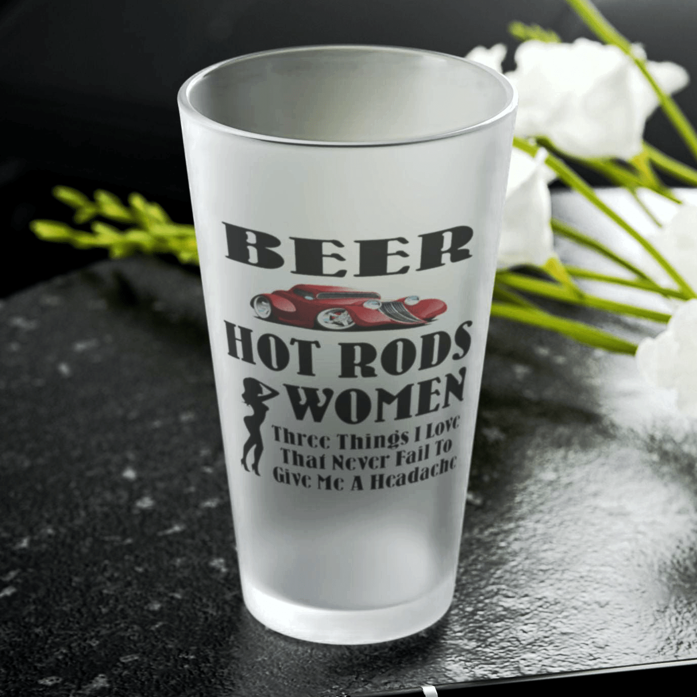 Mug 16oz / Frosted Beer, Hot Rods, Women - Three Things I Love - Frosted Pint Glass, 16oz GiftsByJeff Gifts By Jeff Pittsburgh PA