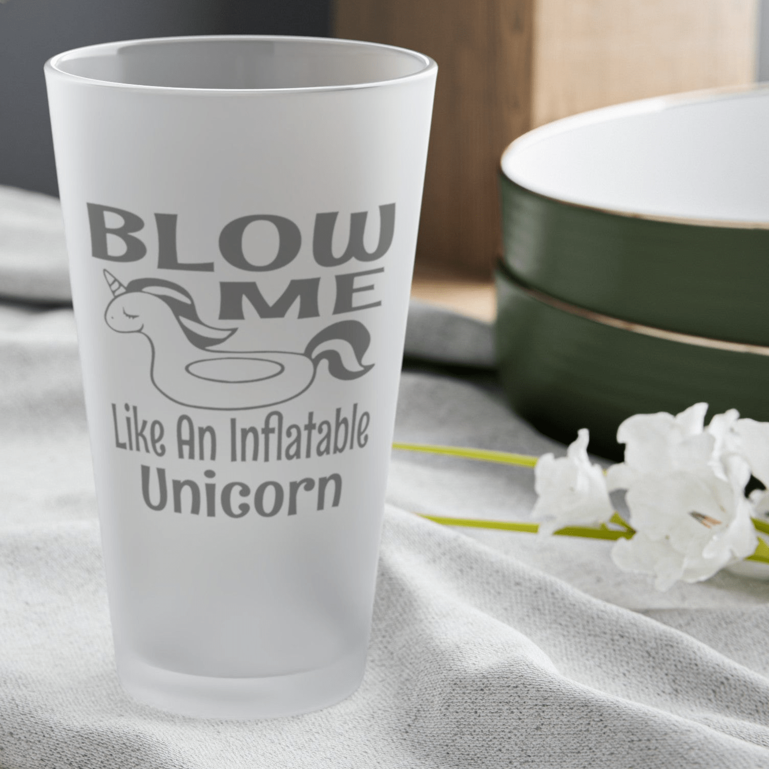 Mug 16oz / Frosted BLOW ME Like An Inflatable Unicorn - Frosted Pint Glass, 16oz GiftsByJeff Gifts By Jeff Pittsburgh PA