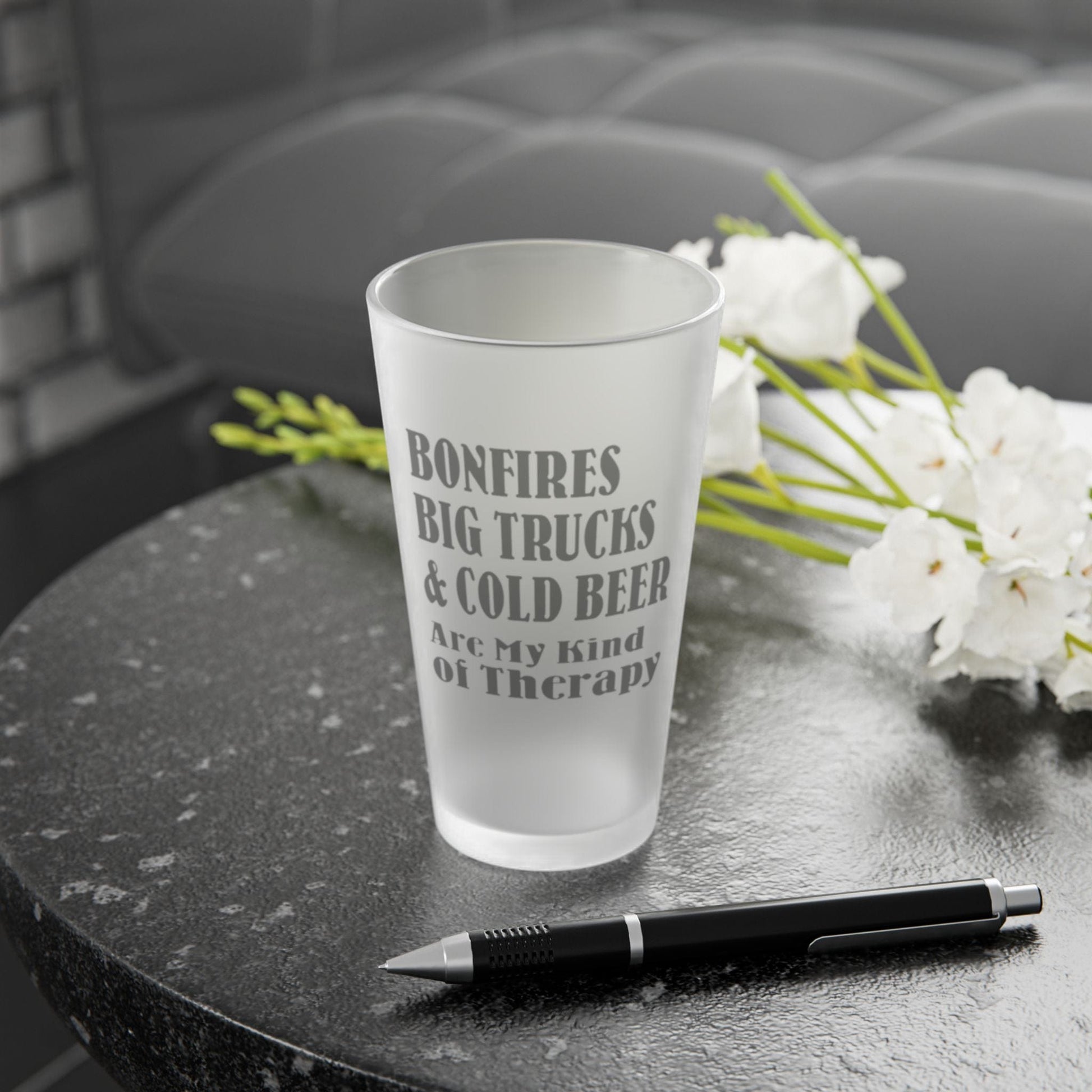 Mug 16oz / Frosted Bonfires, Big Trucks & Cold Beer Are My Kind Of Therapy - Frosted Pint Glass, 16oz GiftsByJeff Gifts By Jeff Pittsburgh PA