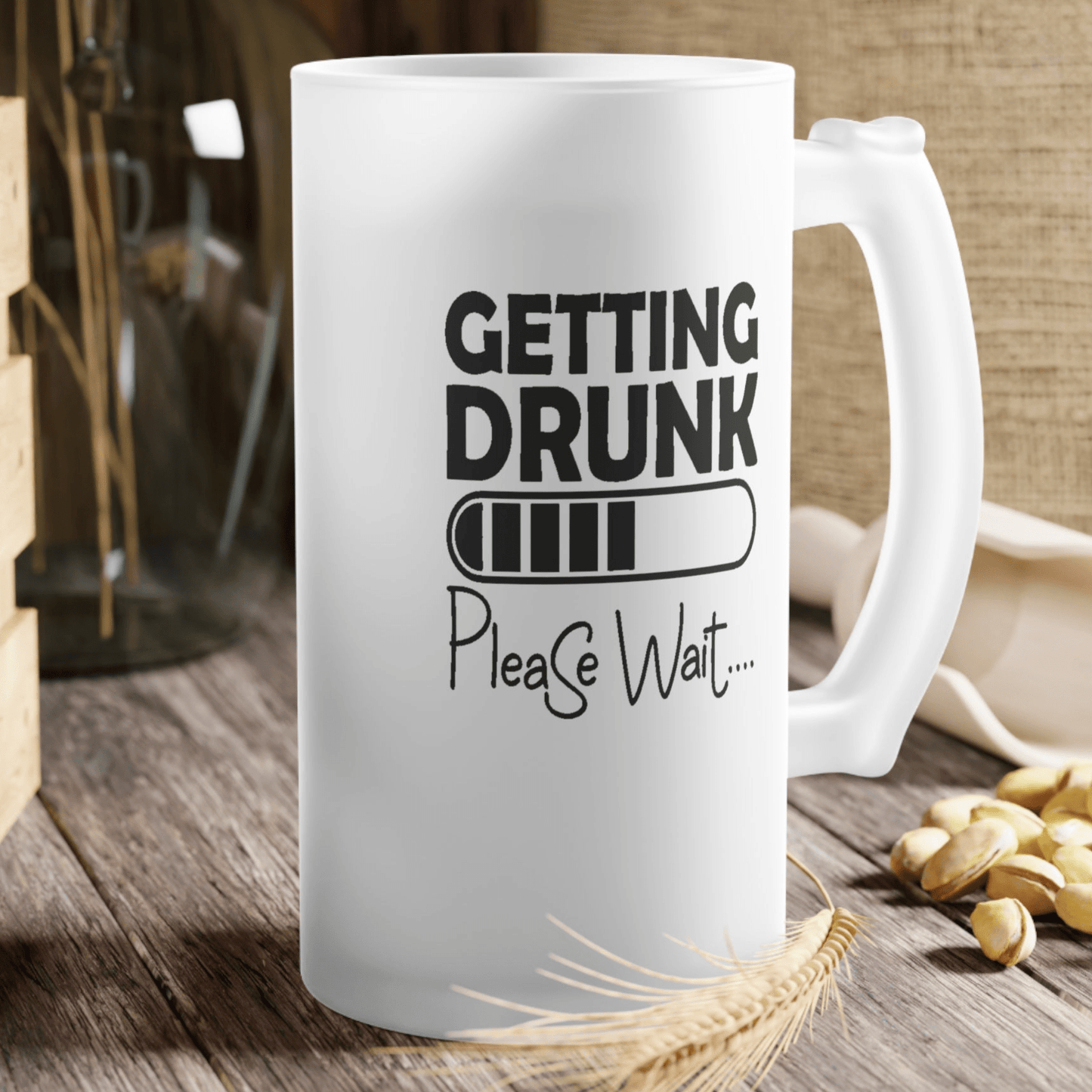 Mug 16oz / Frosted Getting Drunk... Please Wait - Frosted Glass Beer Mug GiftsByJeff Gifts By Jeff Pittsburgh PA