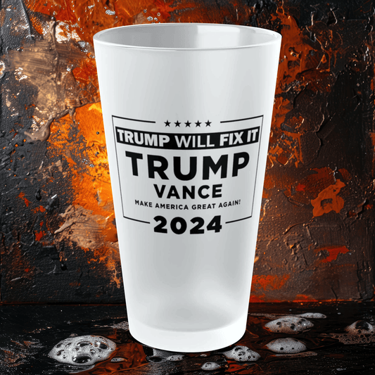 Mug 16oz / Frosted Political Frosted Pint Glass 16oz - TRUMP WILL FIX IT - 2024 TRUMP - VANCE Political Frosted Pint Glass 16oz - TRUMP WILL FIX IT - 2024 TRUMP - VANCE GiftsByJeff Gifts By Jeff Pittsburgh PA