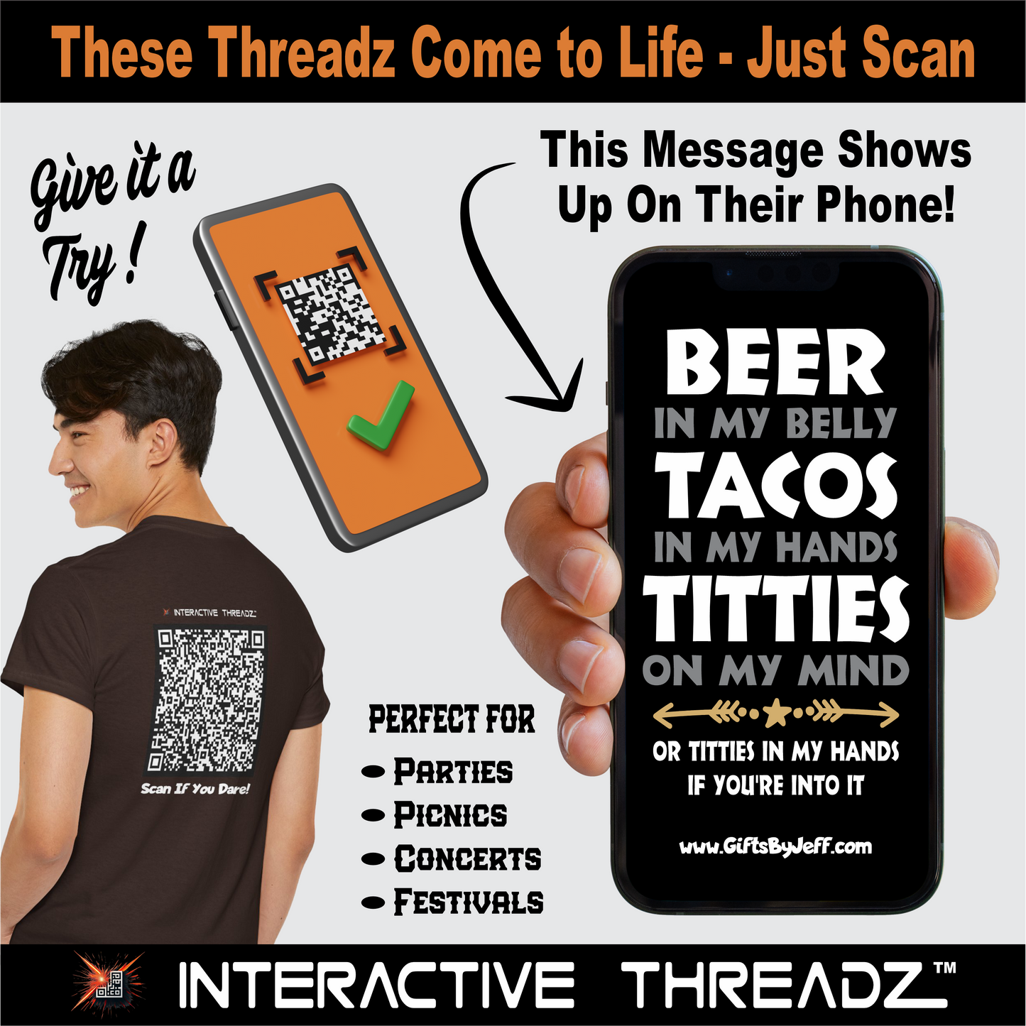 Beer In My Belly, Tacos In My Hands, Titties On My Mind - QR Code Shirt