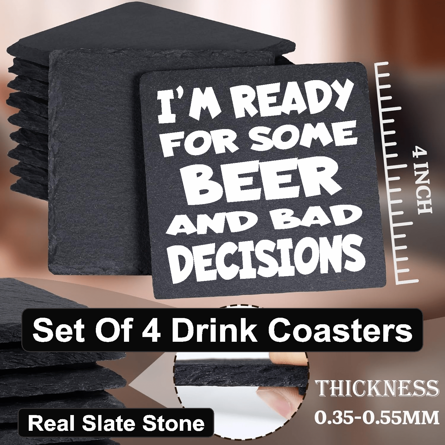 accessories Beer And Bad Decisions - Set of 4 Black Slate Stone Coasters GiftsByJeff Gifts By Jeff Pittsburgh PA