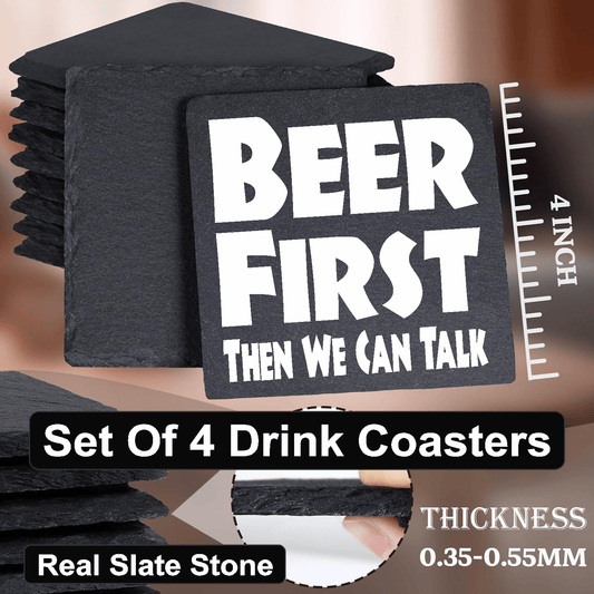 accessories BEER FIRST, Then We Can Talk - Set of 4 Black Slate Stone Coasters GiftsByJeff Gifts By Jeff Pittsburgh PA