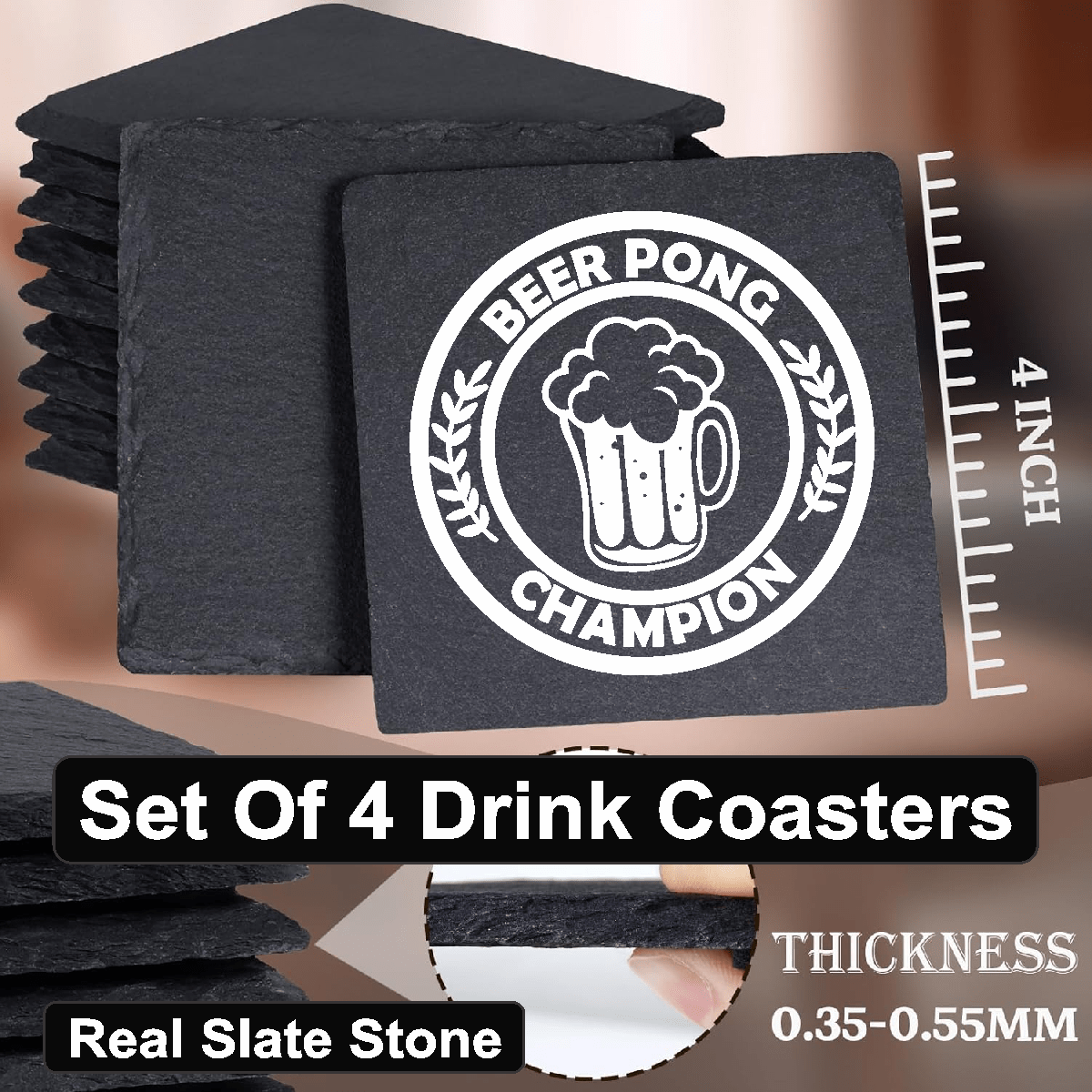 accessories Beer Pong Champion - Set of 4 Black Slate Stone Coasters GiftsByJeff Gifts By Jeff Pittsburgh PA