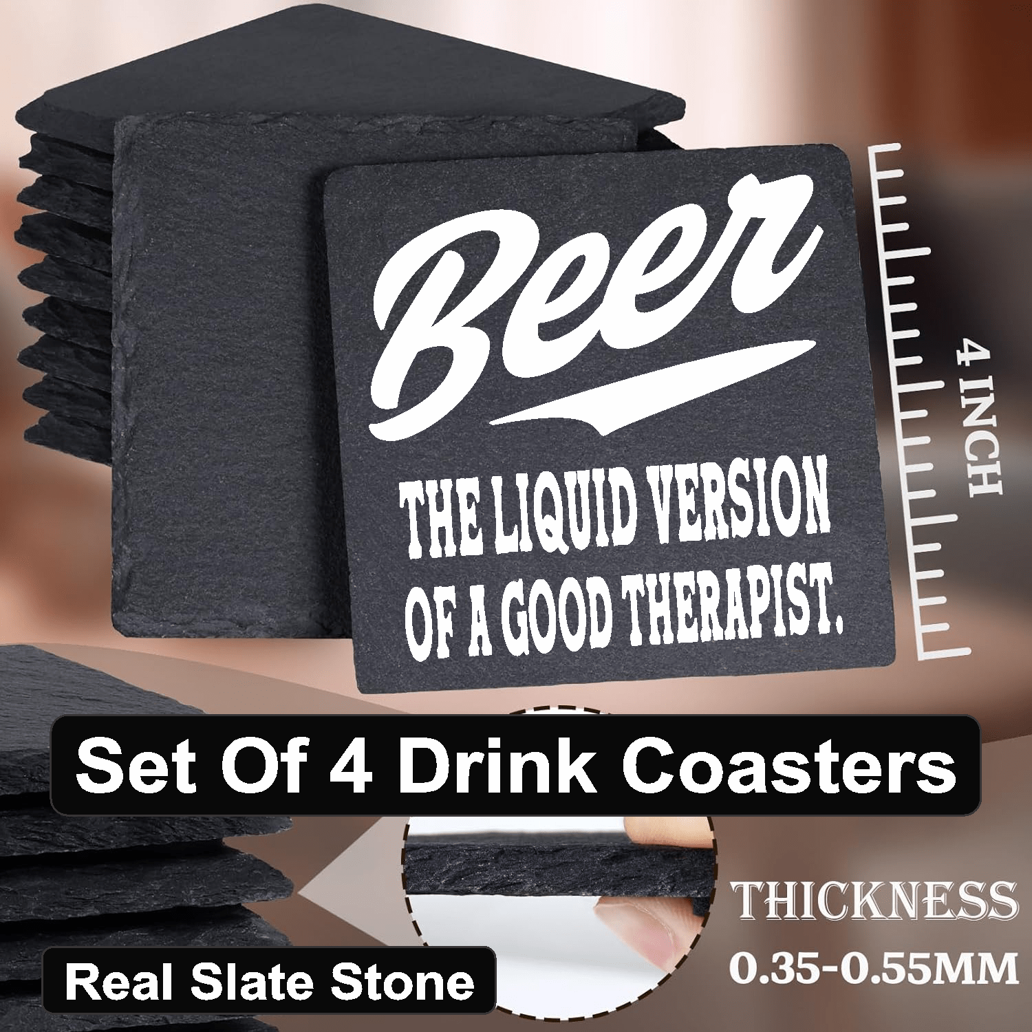 accessories BEER, The Liquid Version Of A Good Therapist - Set of 4 Black Slate Stone Coasters GiftsByJeff Gifts By Jeff Pittsburgh PA