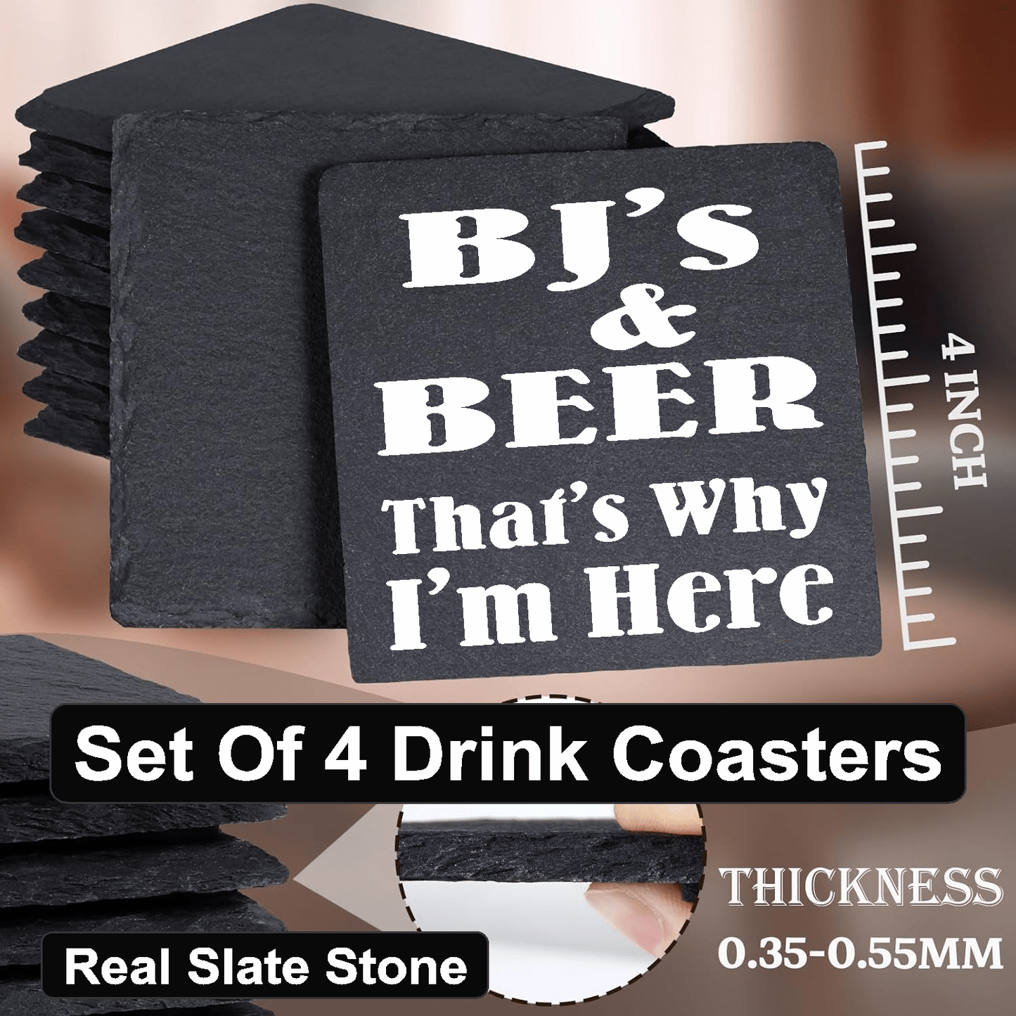 accessories BJ's & Beer, That's Why I'm Here - Set of 4 Black Slate Stone Coasters GiftsByJeff Gifts By Jeff Pittsburgh PA