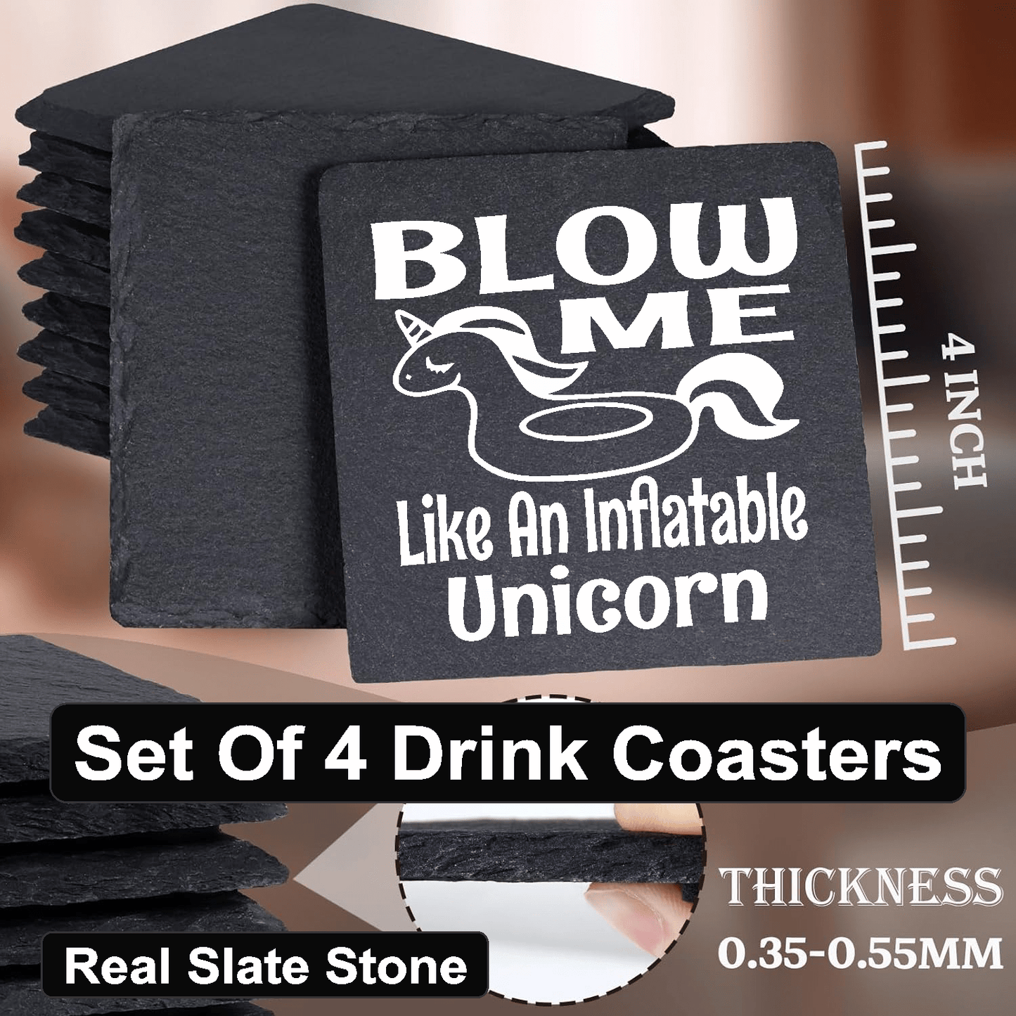 accessories Blow Me Like An Inflatable Unicorn - Set of 4 Black Slate Stone Coasters GiftsByJeff Gifts By Jeff Pittsburgh PA