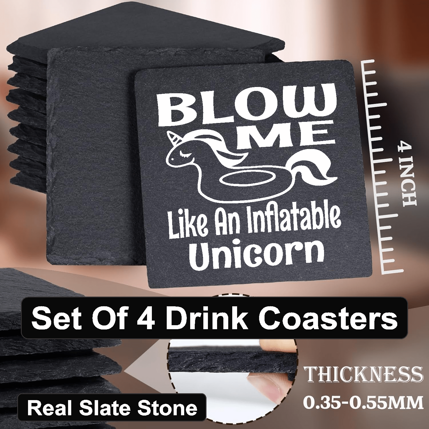 accessories Blow Me Like An Inflatable Unicorn - Set of 4 Black Slate Stone Coasters GiftsByJeff Gifts By Jeff Pittsburgh PA