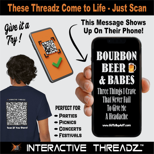 T-Shirt Bourbon, Beer & Babes, Three Things That Never Fail To Give Me A Headache - QR Code Shirt - Gildan 5000 Unisex T-shirt GiftsByJeff Gifts By Jeff Pittsburgh PA