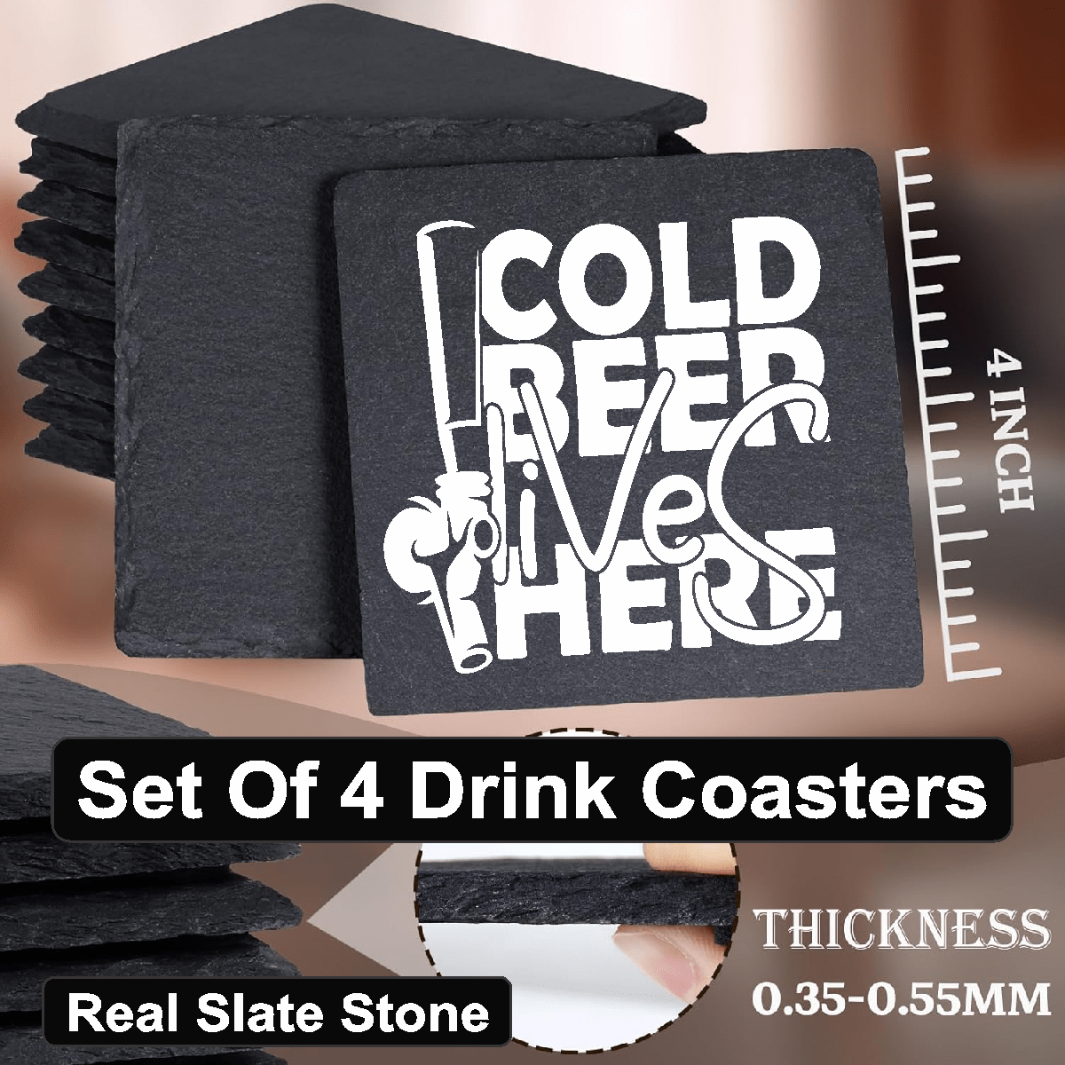 accessories Cold Beer Lives Here - Set of 4 Black Slate Stone Coasters GiftsByJeff Gifts By Jeff Pittsburgh PA