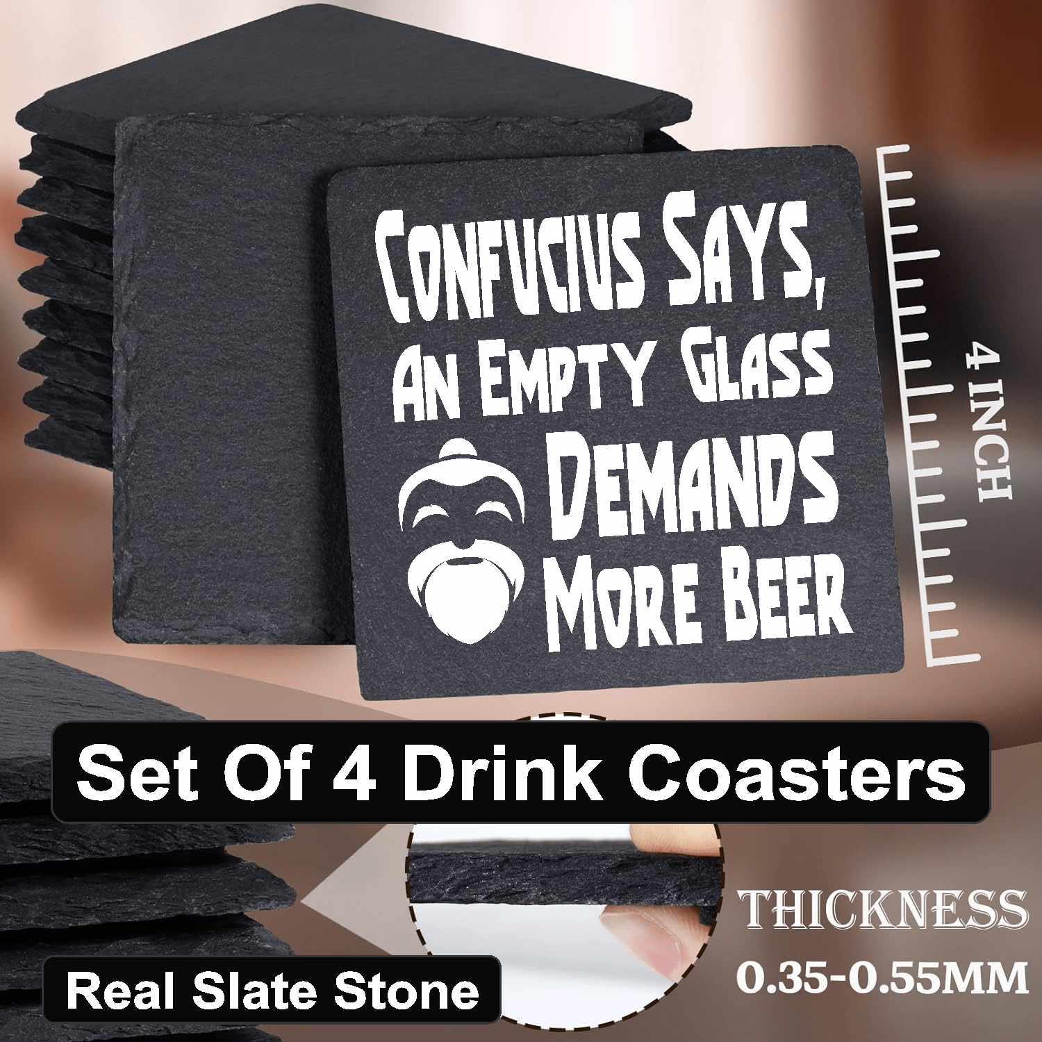 accessories Confucius Says, An Empty Glass Demands More Beer - Set of 4 Black Slate Stone Coasters GiftsByJeff Gifts By Jeff Pittsburgh PA