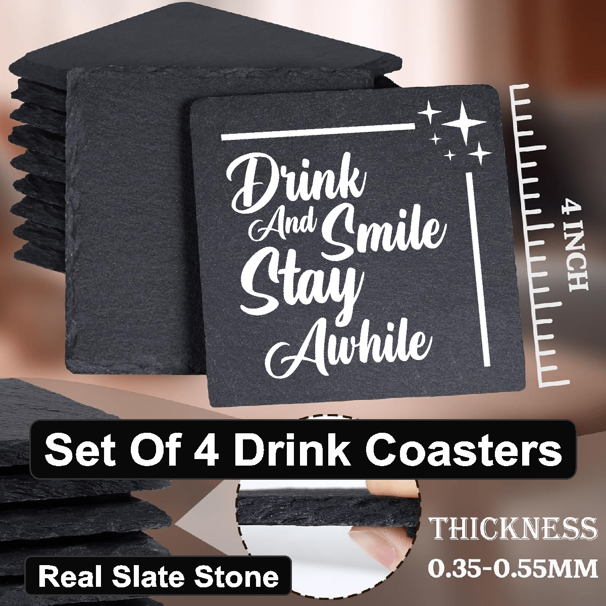 coasters Drink And Smile, Stay Awhile - Set of 4 Black Slate Stone Coasters GiftsByJeff Gifts By Jeff Pittsburgh PA