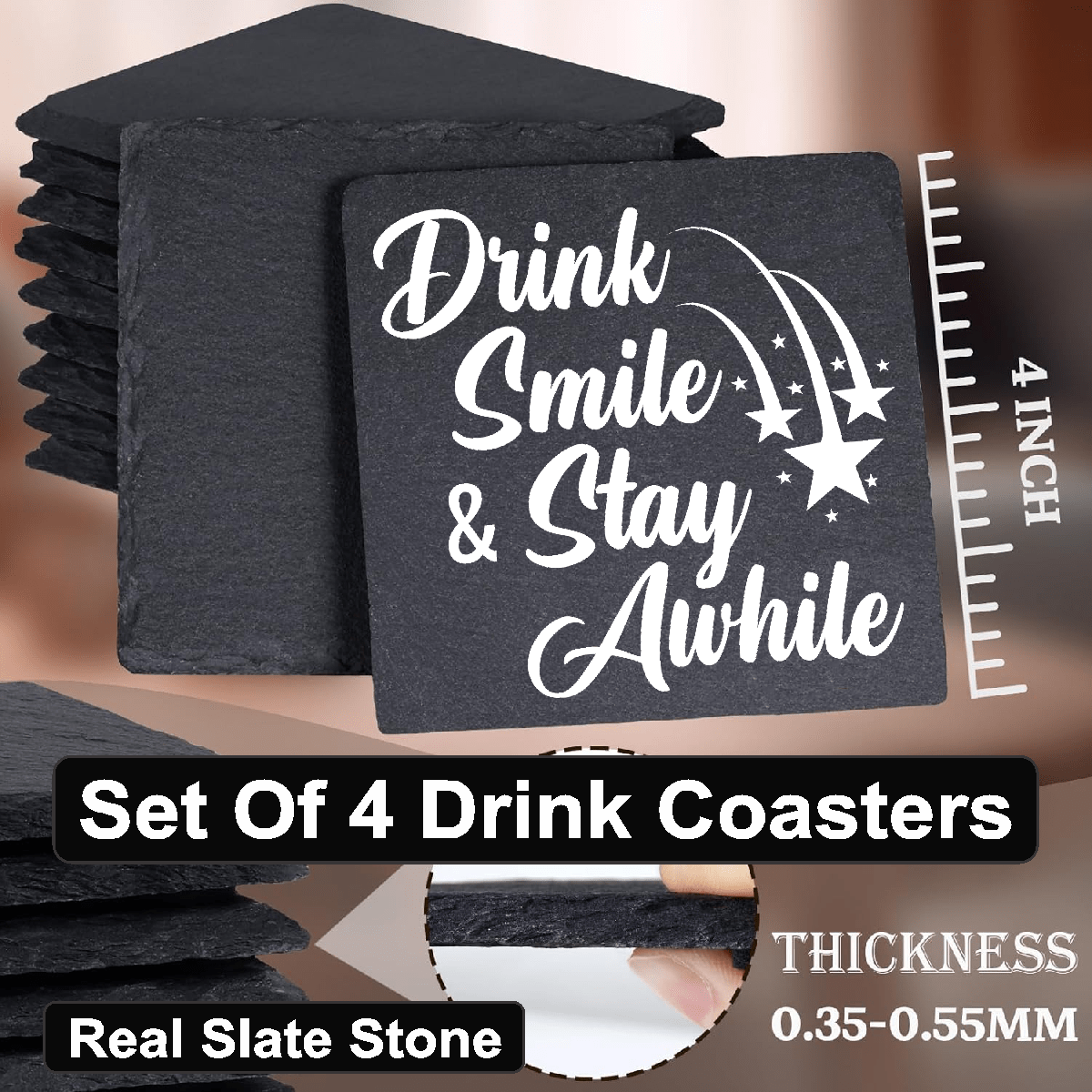 coasters Drink Smile & Stay Awhile - Set of 4 Black Slate Stone Coasters GiftsByJeff Gifts By Jeff Pittsburgh PA