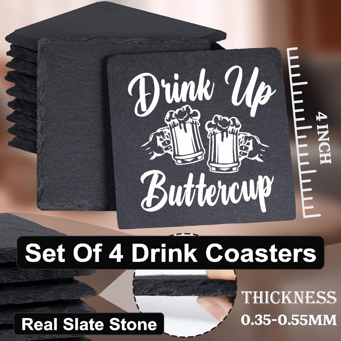 accessories Drink Up Buttercup - Set of 4 Black Slate Stone Coasters GiftsByJeff Gifts By Jeff Pittsburgh PA