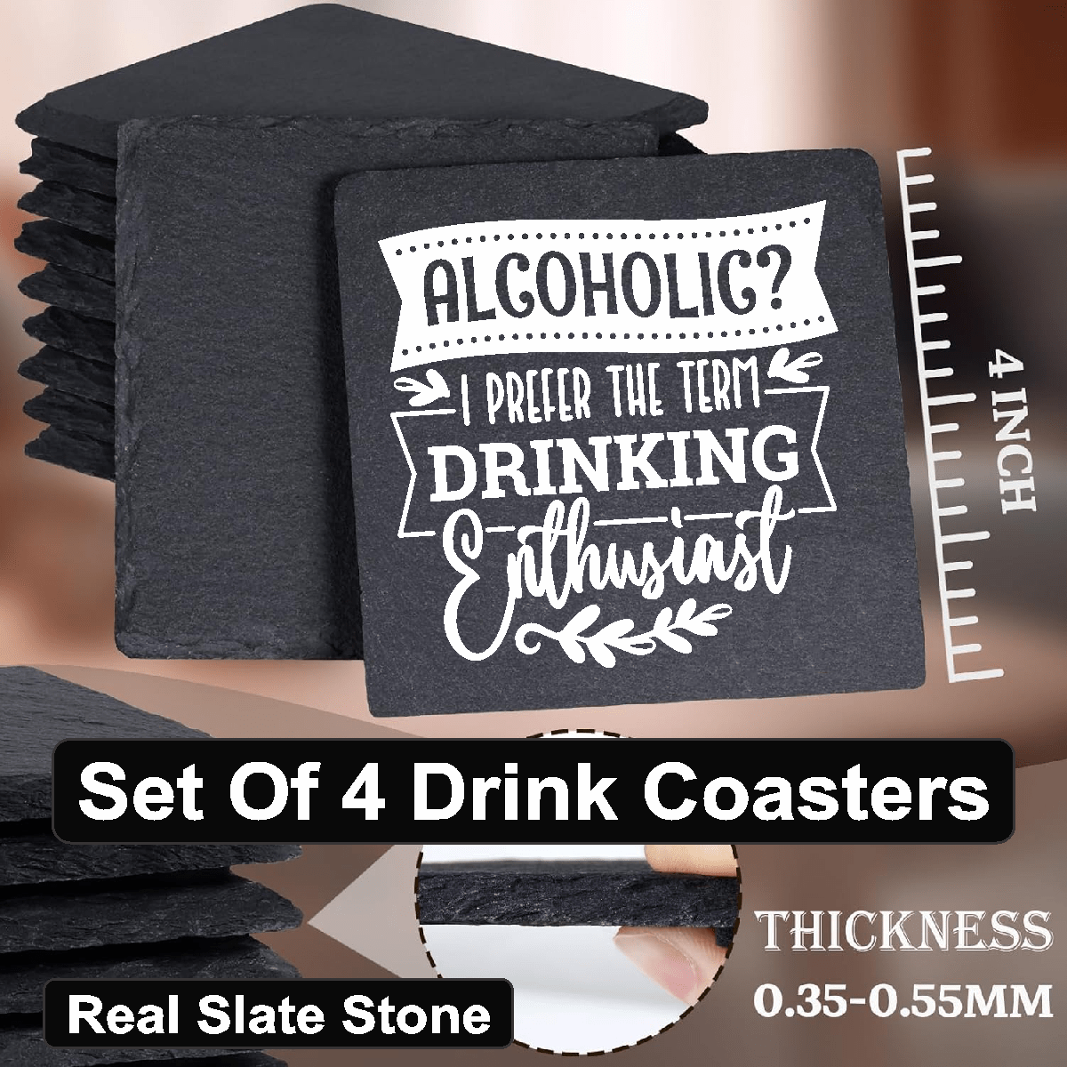 accessories Drinking Enthusiast - Set of 4 Black Slate Stone Coasters GiftsByJeff Gifts By Jeff Pittsburgh PA