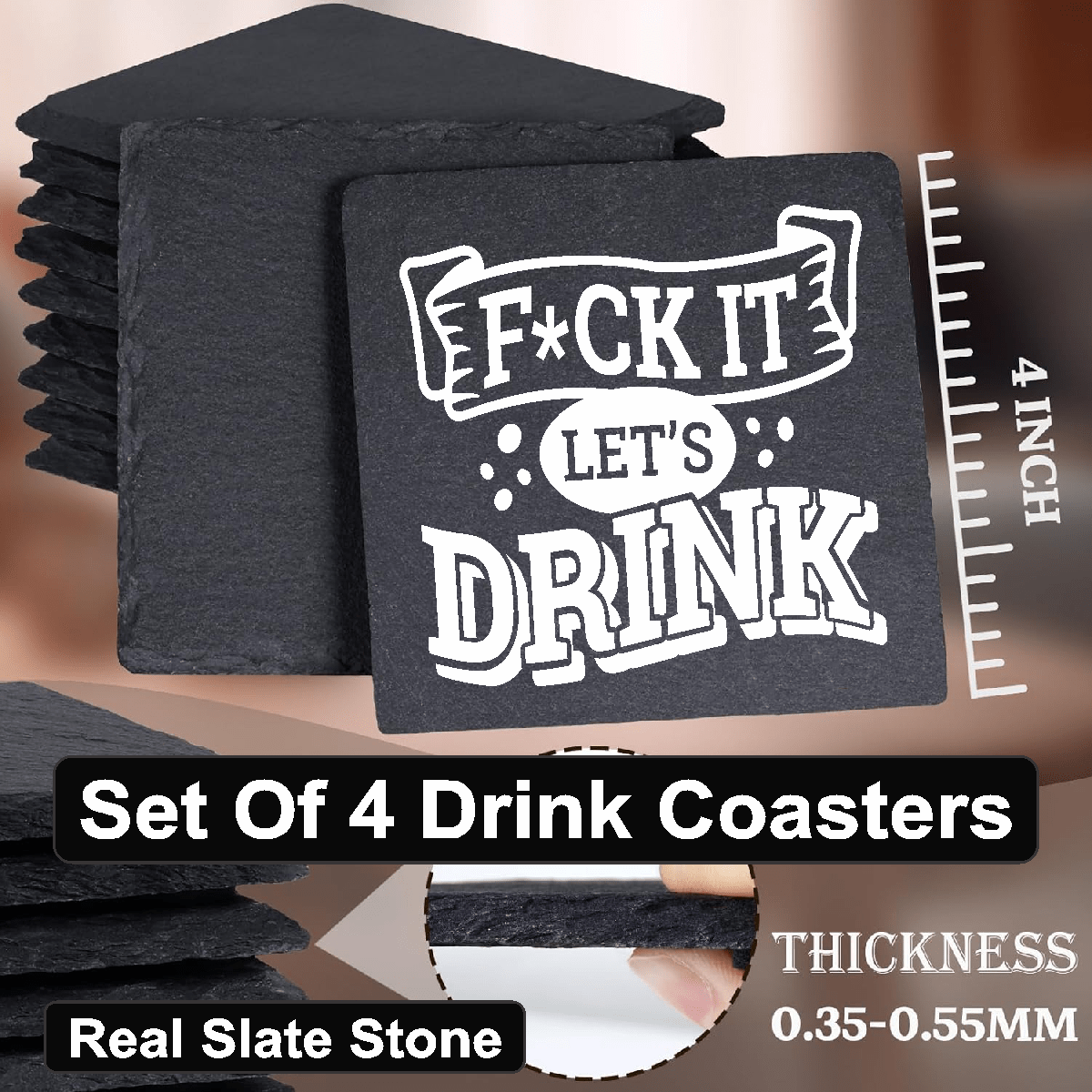 accessories "F" Let's Drink - Set of 4 Black Slate Stone Coasters GiftsByJeff Gifts By Jeff Pittsburgh PA