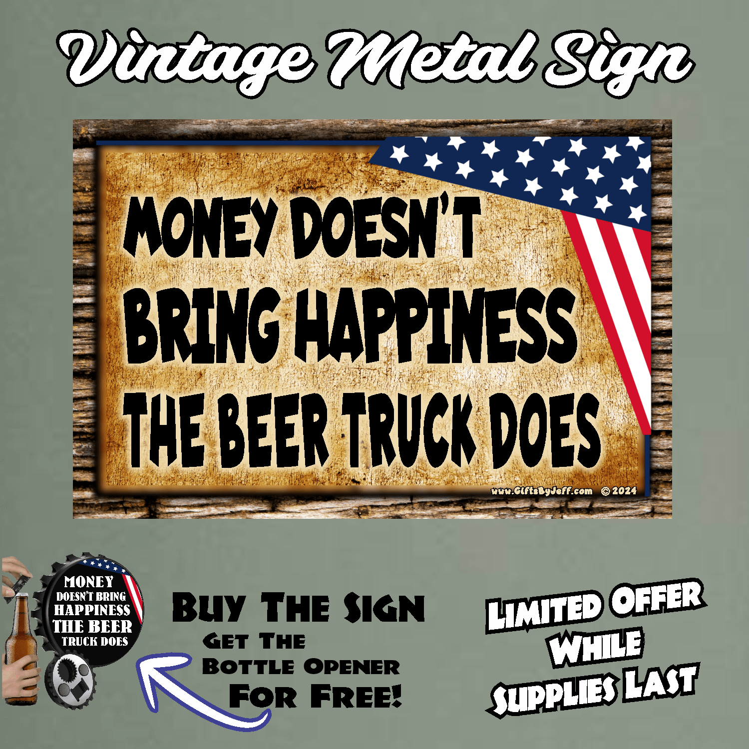 accessories FLAG -Money Doesn't Bring Happiness, - 12" x 18" Vintage Metal Sign (Free Bottle Opener) GiftsByJeff Gifts By Jeff Pittsburgh PA