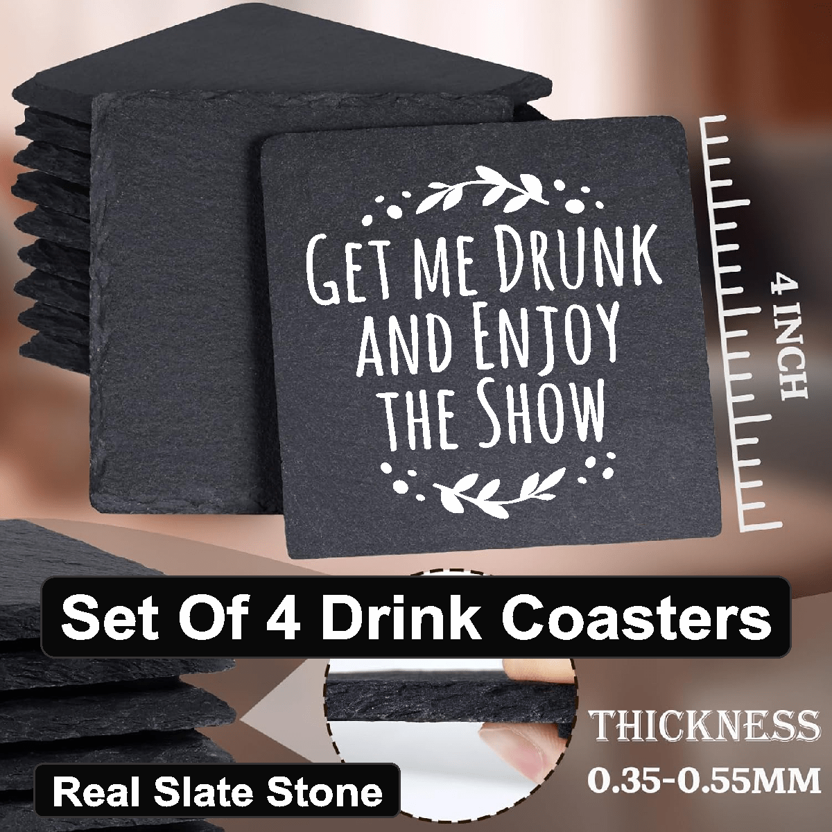 accessories Get Me Drunk and Enjoy The Show - Set of 4 Black Slate Stone Coasters GiftsByJeff Gifts By Jeff Pittsburgh PA