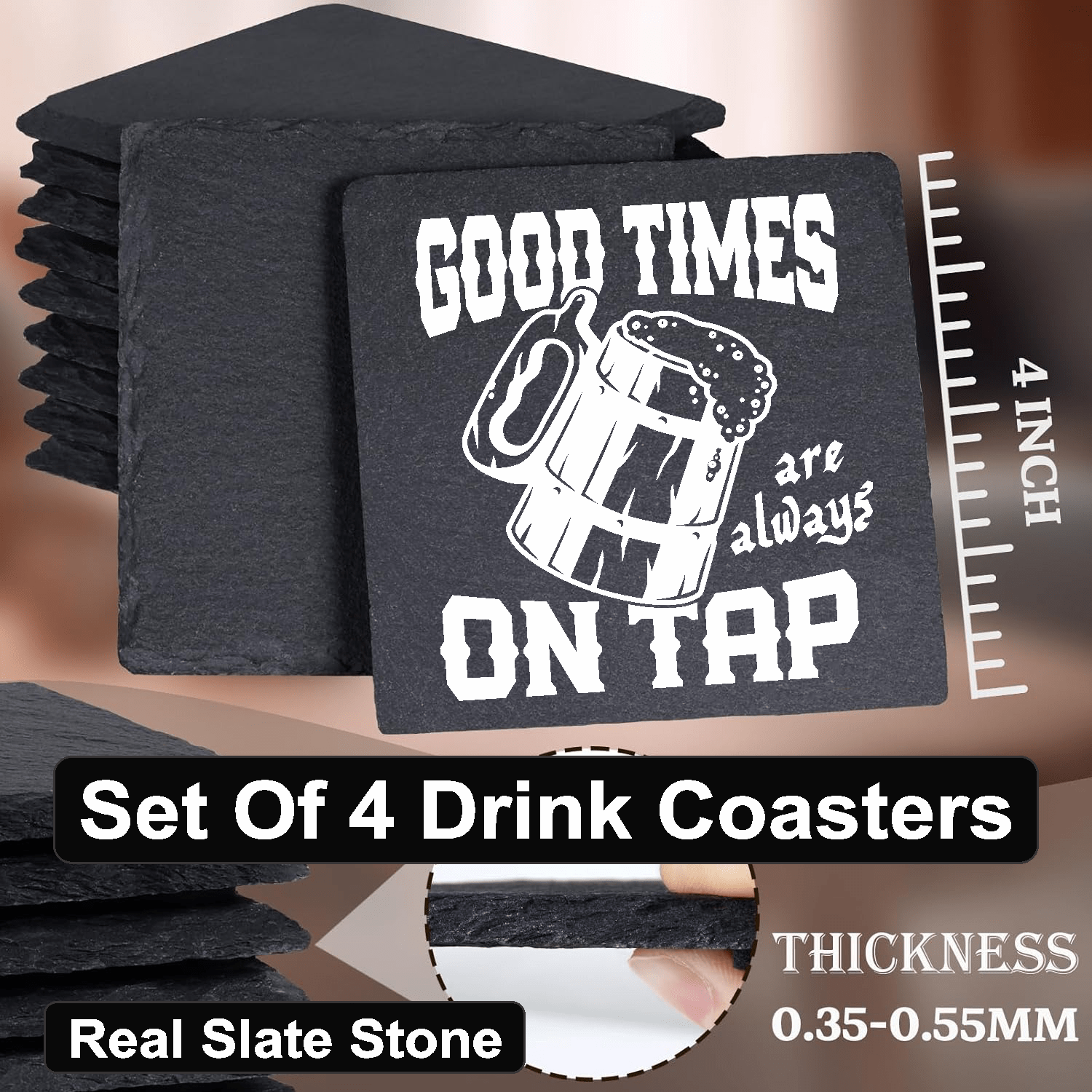 accessories Good Times Are Always On Tap - Set of 4 Black Slate Stone Coasters GiftsByJeff Gifts By Jeff Pittsburgh PA