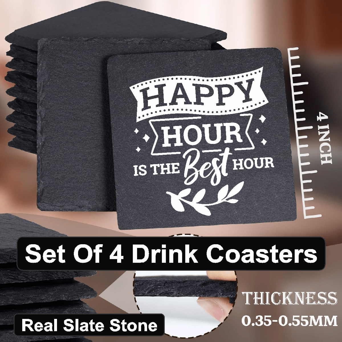 accessories Happy Hour Is The Best Hour - Set of 4 Black Slate Stone Coasters GiftsByJeff Gifts By Jeff Pittsburgh PA