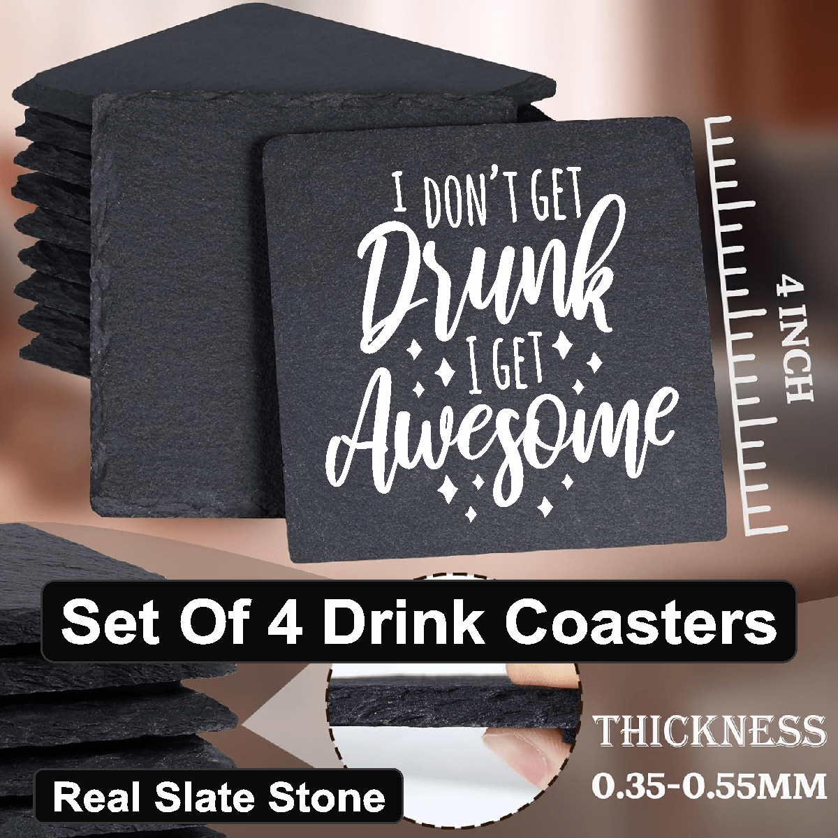 accessories I Don't Get Drunk, I Get Awesome - Set of 4 Black Slate Stone Coasters GiftsByJeff Gifts By Jeff Pittsburgh PA