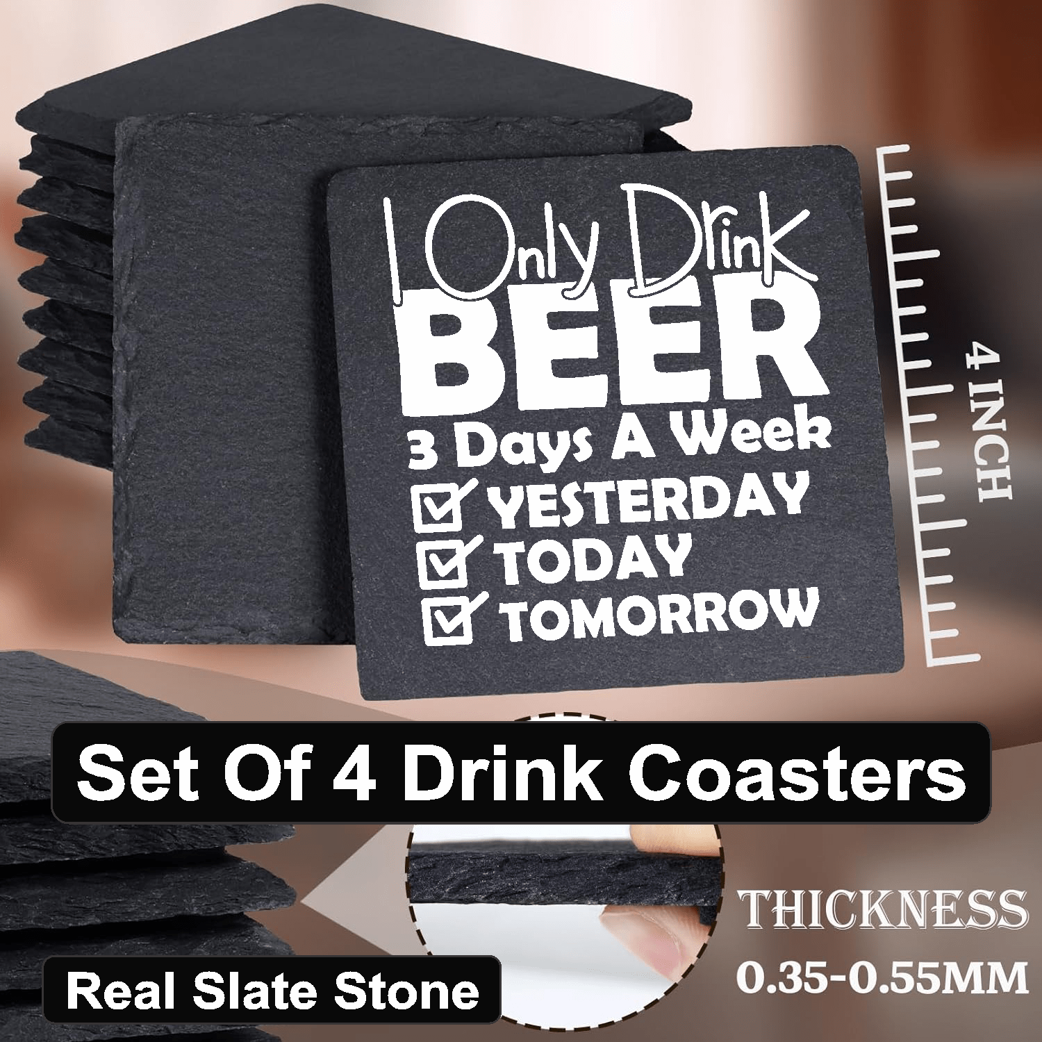 accessories I Only Drink Beer 3 Times A Week - Set of 4 Black Slate Stone Coasters GiftsByJeff Gifts By Jeff Pittsburgh PA