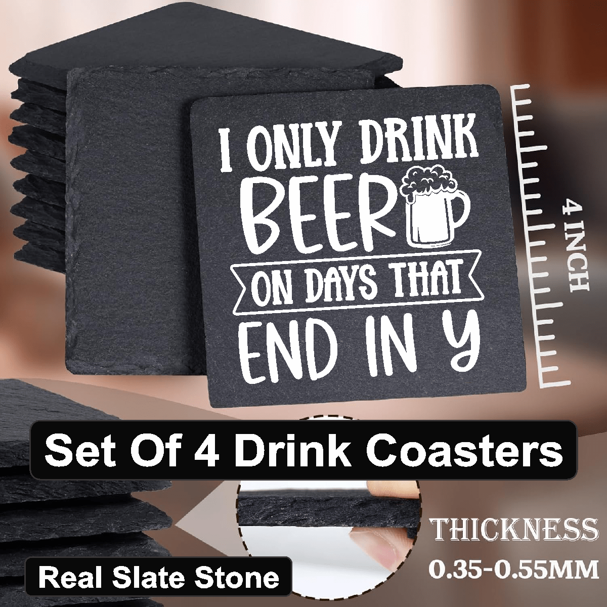 accessories I Only Drink Beer On Days That End In Y - Set of 4 Black Slate Stone Coasters GiftsByJeff Gifts By Jeff Pittsburgh PA