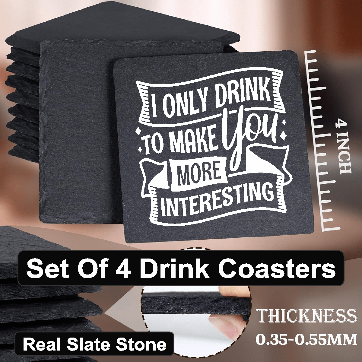 accessories I Only Drink To Make You More Interesting - Set of 4 Black Slate Stone Coasters GiftsByJeff Gifts By Jeff Pittsburgh PA