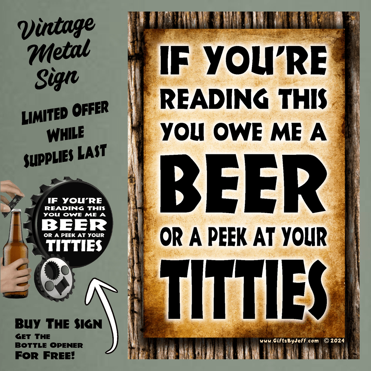 accessories If You're Reading This You Owe Me A Peek At Your Titties - 12" x 18" Vintage Metal Sign (Free Bottle Opener) GiftsByJeff Gifts By Jeff Pittsburgh PA