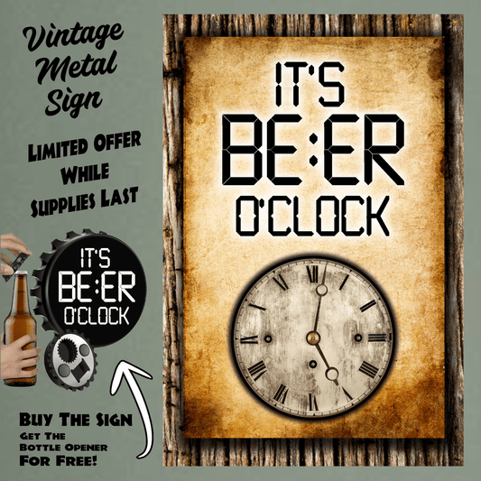 accessories It's BEER O'clock (clock) - 12" x 18" Vintage Metal Sign (Free Bottle Opener) GiftsByJeff Gifts By Jeff Pittsburgh PA