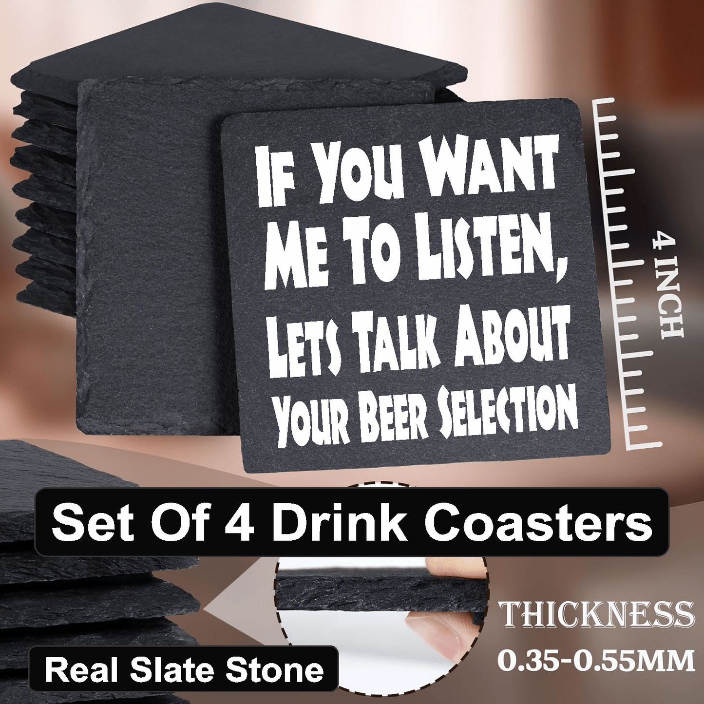 accessories Lets Talk About Your BEER Selection - Set of 4 Black Slate Stone Coasters GiftsByJeff Gifts By Jeff Pittsburgh PA