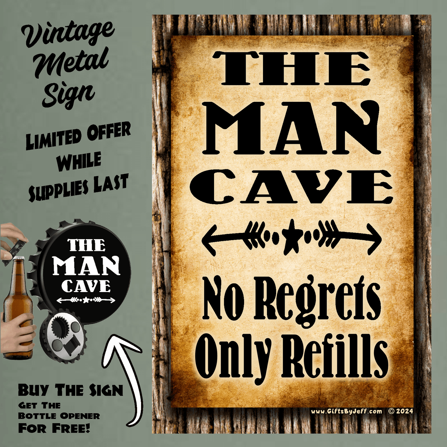 accessories Man Cave, No Regrets Only Refills - 12" x 18" Vintage Metal Sign (Free Bottle Opener) GiftsByJeff Gifts By Jeff Pittsburgh PA