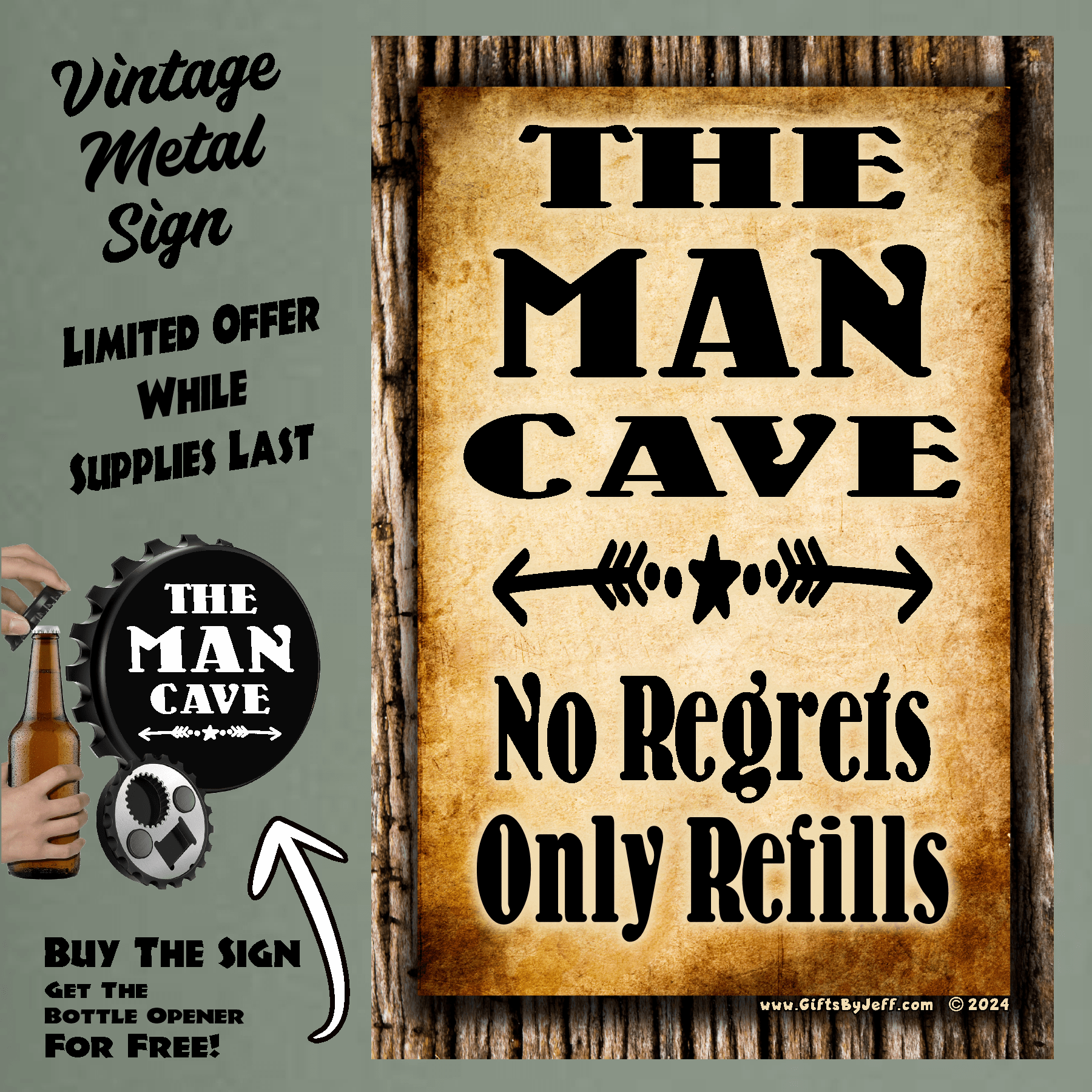 accessories Man Cave, No Regrets Only Refills - 12" x 18" Vintage Metal Sign (Free Bottle Opener) GiftsByJeff Gifts By Jeff Pittsburgh PA