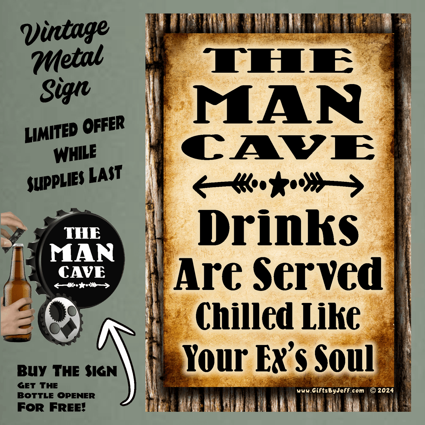 accessories Man Cave, Where The Drinks Are Served Chilled - 12" x 18" Vintage Metal Sign (Free Bottle Opener) GiftsByJeff Gifts By Jeff Pittsburgh PA