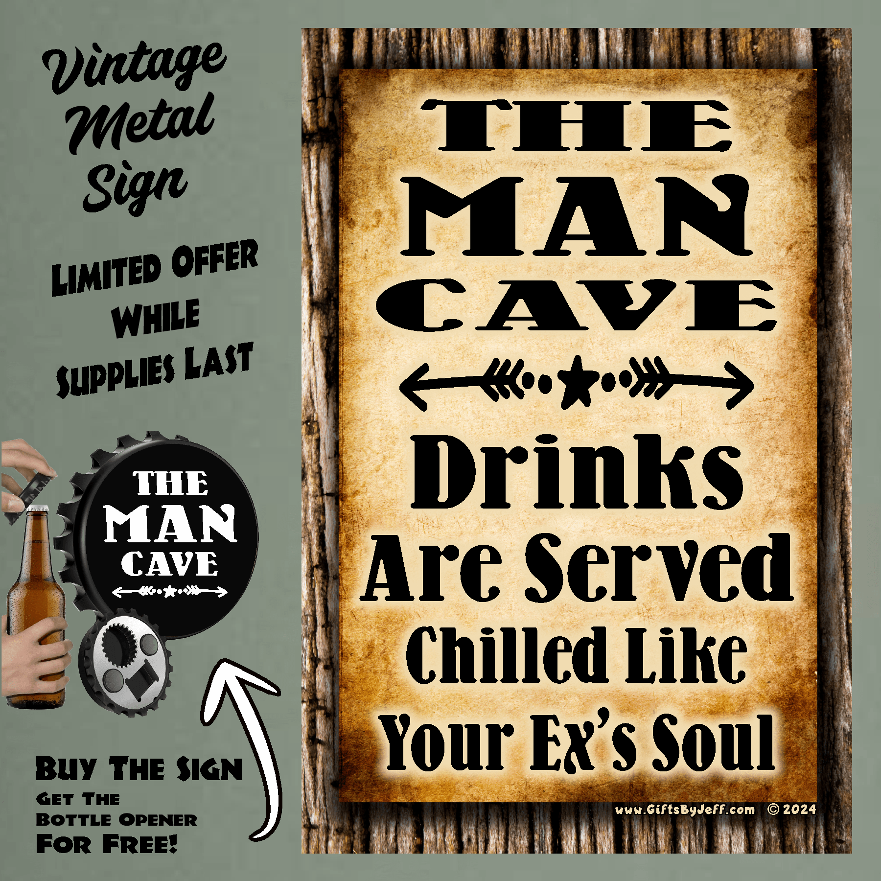 accessories Man Cave, Where The Drinks Are Served Chilled - 12" x 18" Vintage Metal Sign (Free Bottle Opener) GiftsByJeff Gifts By Jeff Pittsburgh PA