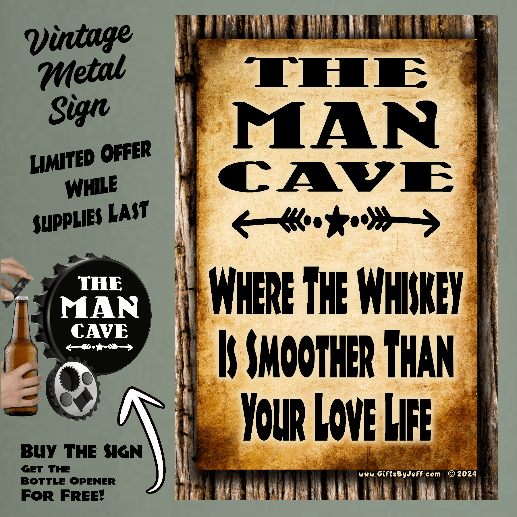 accessories Man Cave, Where The Whisky Is Smoother - 12" x 18" Vintage Metal Sign (Free Bottle Opener) GiftsByJeff Gifts By Jeff Pittsburgh PA