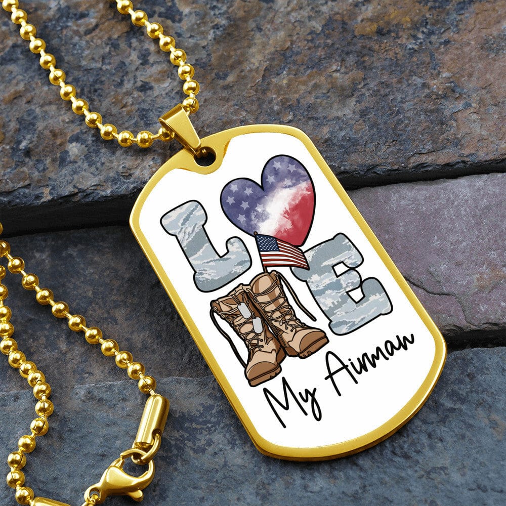 Jewelry Military Chain (Gold) / No Love My Airman Dog Tag- Custom Engraved Dog Tag Necklace GiftsByJeff Gifts By Jeff Pittsburgh PA