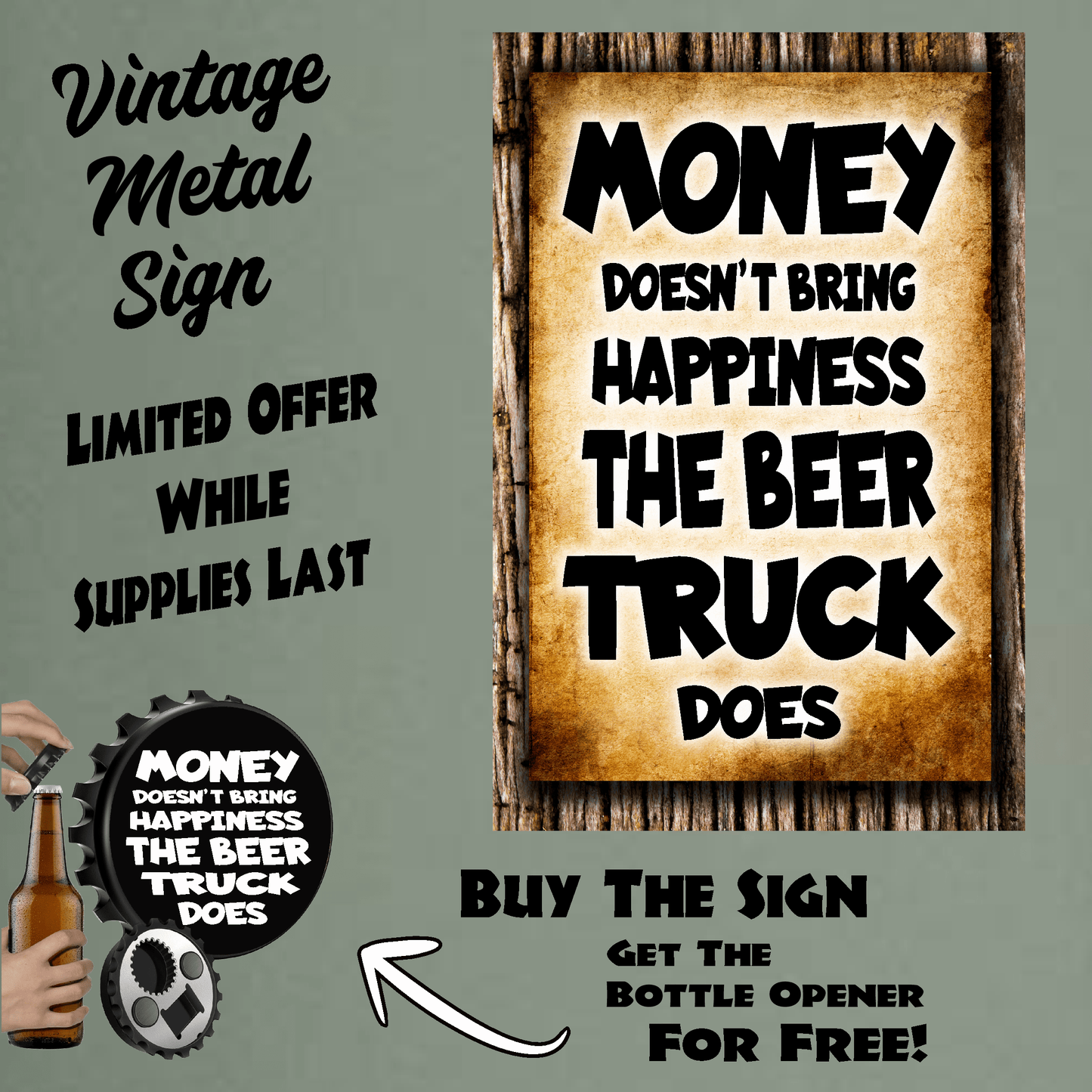 accessories Money Doesn't Bring Happiness - 12" x 18" Vintage Metal Sign (Free Bottle Opener) GiftsByJeff Gifts By Jeff Pittsburgh PA